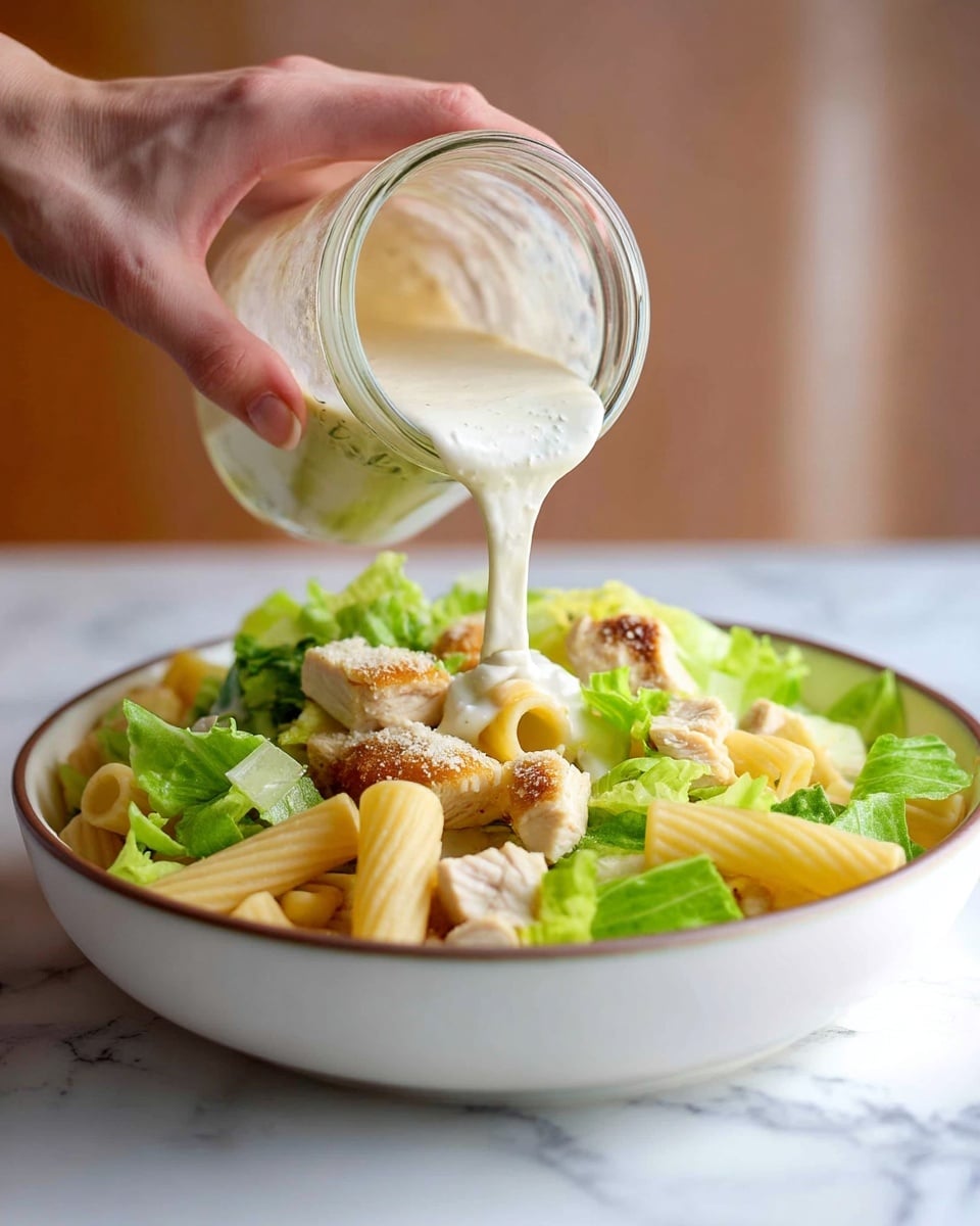 A woman's hand is pouring thick white creamy sauce from a clear glass jar over a large white bowl filled with layers of light yellow pasta tubes, bright green romaine lettuce leaves, and small pieces of light brown cooked chicken. The bowl sits on a white marbled surface, and there is a soft focus background with warm tones. Photo taken with an iphone --ar 4:5 --v 7