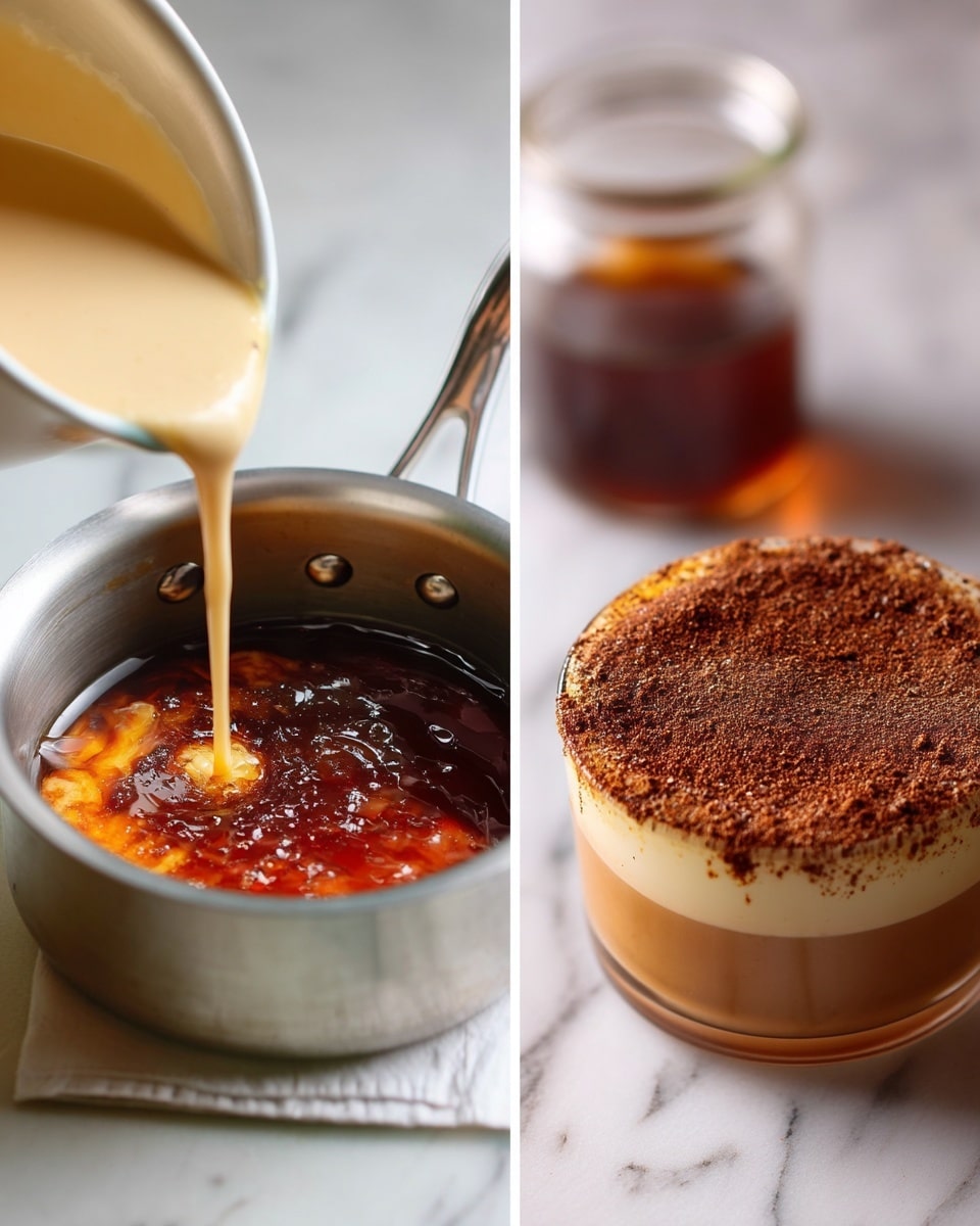 The image shows two side-by-side photos of a small metal pot placed on a white marbled surface. On the left, a creamy light beige liquid is being poured into the pot, mixing with a dark amber-brown layer below, creating swirling patterns. On the right, the pot contains a smooth light brown liquid topped with a generous sprinkle of dark brown powder, likely cinnamon, scattered mainly on one side. A jar with orange contents and a small part of a dark bottle are partially visible in the background. Both photos have soft natural light that highlights the colors and textures of the liquids. Photo taken with an iphone --ar 4:5 --v 7