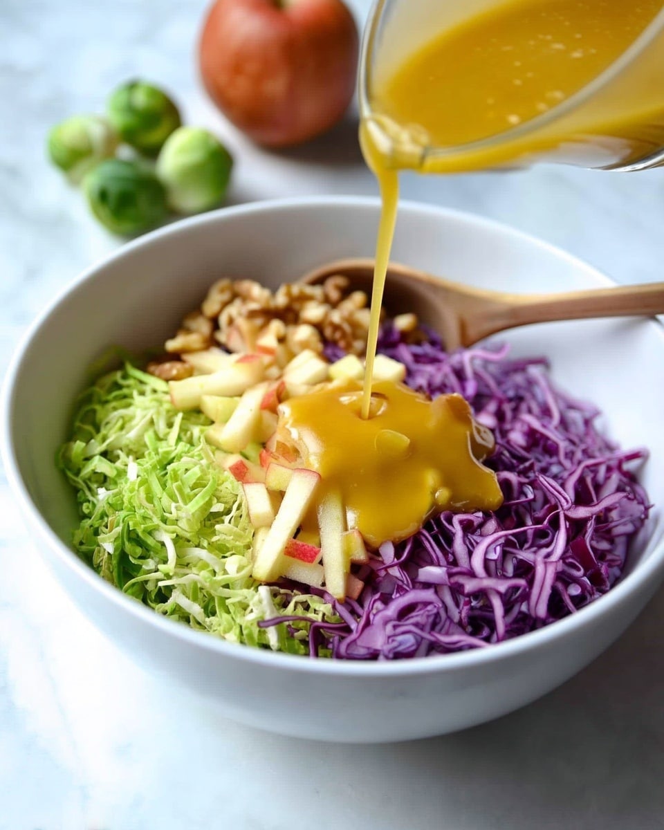 A white bowl filled with layers of thin purple cabbage shreds at the bottom, topped with thin green cabbage shreds mixed in, and a layer of small chopped apple sticks placed mostly in the center. Next to the apples, there are small pieces of chopped walnuts arranged on one side. A thick yellow mustard-like sauce is being poured from above, covering part of the apples. A wooden spoon is resting inside the bowl on the right side. The bowl is placed on a white marbled surface with blurred green brussels sprouts and a red apple in the background. Photo taken with an iphone --ar 4:5 --v 7