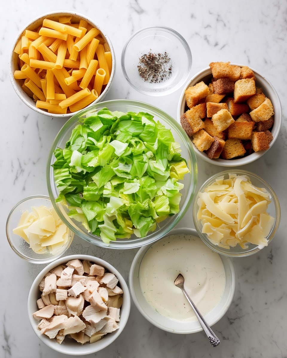 This image shows six bowls arranged on a white marbled surface, each containing different ingredients. At the top left, a white bowl is filled with yellow, tube-shaped pasta. To its right, a small clear glass bowl holds coarse black pepper and salt. Below that, a larger clear glass bowl contains bright green chopped lettuce. On the right, a white bowl is filled with golden brown croutons. Toward the bottom left, a white bowl contains small pieces of cooked light brown chicken. Next to it, a small clear glass bowl holds thin, pale yellow cheese slices. At the bottom right, a white bowl holds creamy white dressing with a silver spoon resting inside. Photo taken with an iphone --ar 4:5 --v 7