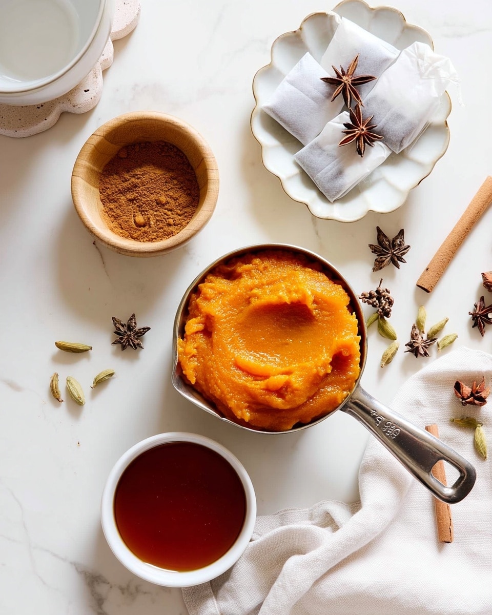 The image shows a clean white marbled surface with several ingredients arranged neatly. At the center is a metal measuring cup filled with thick, bright orange pumpkin puree that has a smooth texture with a small dip in the middle. Below it sits a small white bowl filled with a dark amber liquid, likely syrup or honey, with a glossy surface. Above and to the left is a small wooden bowl holding a pile of brown cinnamon powder with a fine texture. To the top right, there is a small white plate holding several white tea bags, each with a paper tag, and decorated with star anise pieces. Scattered around are whole star anise pods, cardamom pods, and cinnamon sticks, adding detail with their rough textures and warm brown-green colors. A white cup is partially visible on the left side, resting on a white coaster with a flower shape. At the bottom right, a cream-colored napkin is soft and folded on the marble. The arrangement is bright and clean with natural light, giving a cozy and fresh feeling. Photo taken with an iphone --ar 4:5 --v 7