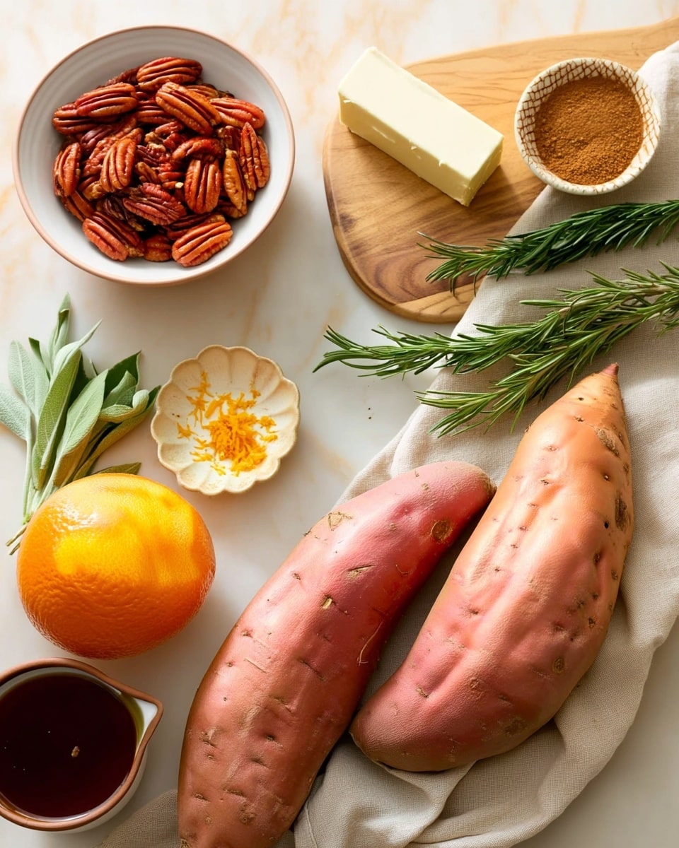 Two large raw sweet potatoes with a pinkish-orange skin lie on a beige cloth in the lower right area of the image. Above them, a sprig of rosemary rests next to a stick of butter and a small bowl with brown powder on a wooden board. At the top left, a round white bowl with reddish-brown pecan halves is visible. Below it, a small white flower-shaped plate holds some bright orange zest. To the left, a whole grapefruit with a yellow-orange skin and green sage leaves sit on the white marbled surface. In the bottom corner, there is a white bowl with a dark liquid inside. Photo taken with an iphone --ar 4:5 --v 7