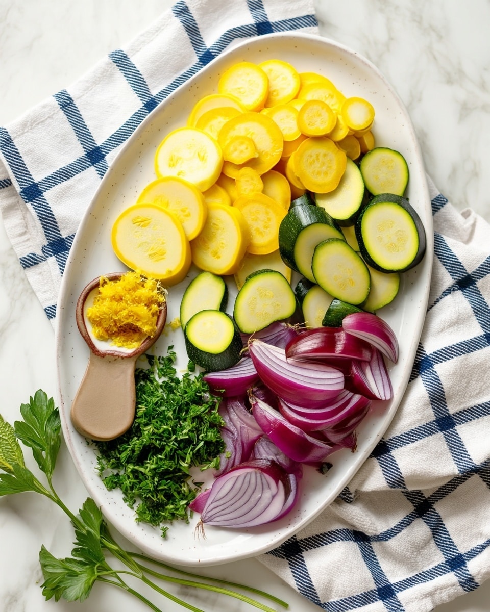 A white oval plate is placed on a white marbled surface with a white cloth that has blue checkered lines underneath. On the plate, there are three types of sliced vegetables arranged in separate groups: yellow squash slices on the top left, sliced green zucchini at the bottom, and quartered red onions on the top right. On the bottom left corner of the plate, there is a small beige spoon filled with yellow lemon zest. A sprig of green parsley is near the yellow squash, and another green herb is placed beside the plate on the marbled surface. The textures of the vegetables are fresh and moist, and the colors are bright and natural. Photo taken with an iphone --ar 4:5 --v 7