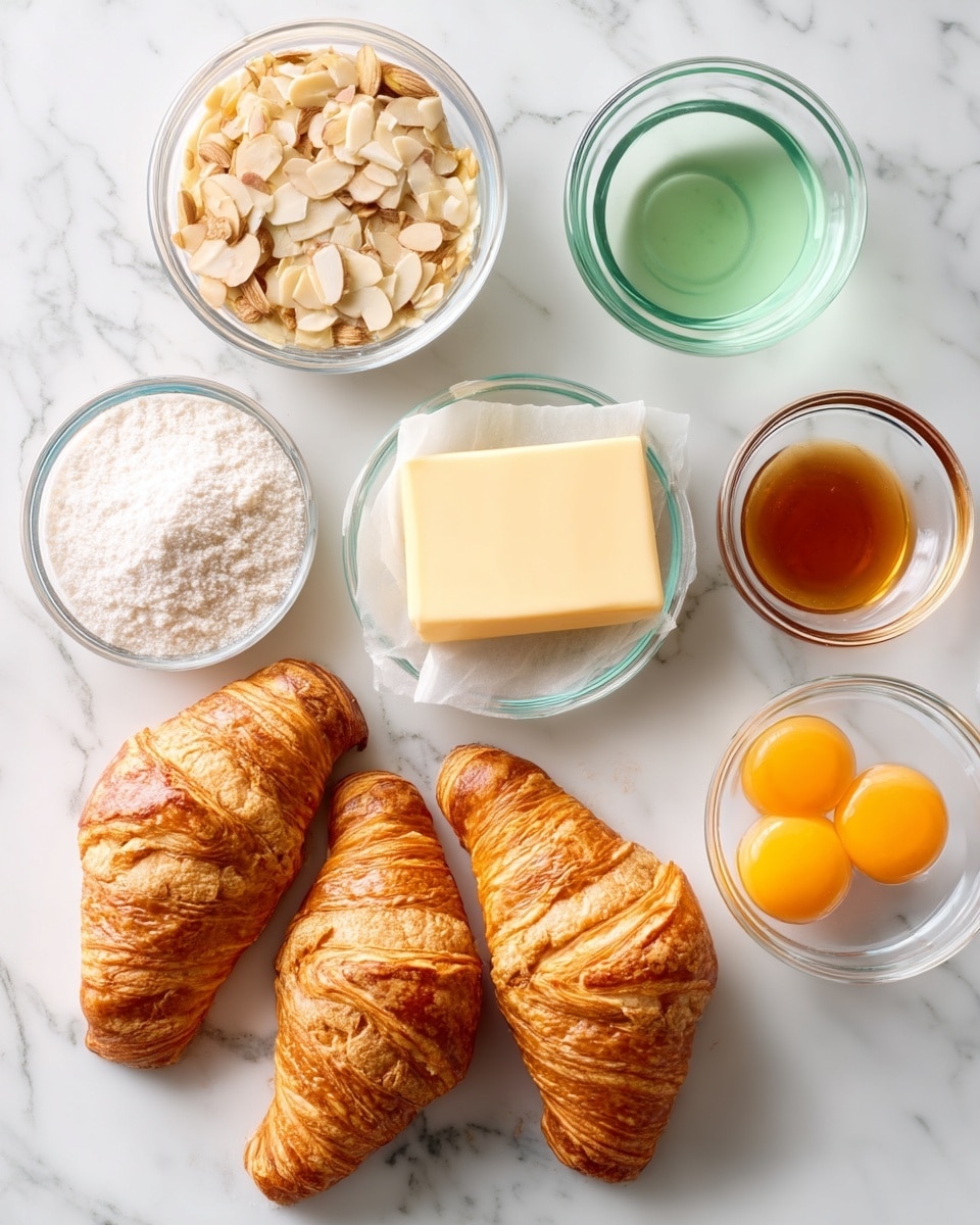 The image shows three golden croissants placed side by side on a white marbled surface, surrounded by small clear glass bowls with ingredients. Starting from the top left, there is a bowl of sliced almonds with a light tan color, followed by a bowl of white powdered sugar. At the top right, there is a small bowl of clear mint green liquid and a small bowl of amber-colored vanilla extract. Below that, there is a rectangular block of pale yellow butter on parchment paper. On the bottom left, a bowl holds white granulated sugar, next to it is a bowl with pale beige flour, and on the bottom right is a bowl containing two raw eggs with bright yellow yolks, along with a small empty bowl beside it. The whole setup is clean and bright with soft natural light shining from above, photo taken with an iphone --ar 4:5 --v 7