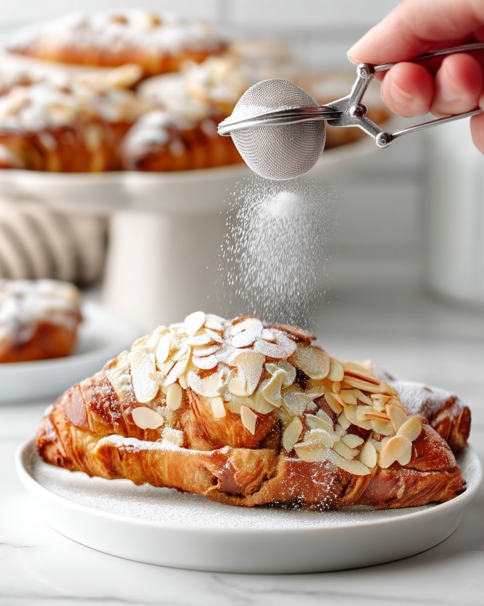 A golden brown croissant sits on a white plate on a white marbled surface, topped with a thick layer of light beige sliced almonds that cover the top fully. Above the croissant, a woman's hand is holding a small metal sifter dusting white powdered sugar gently over it, creating a fine mist that falls softly on the croissant. The croissant has a flaky texture with visible layers of pastry. In the background, more croissants are visible on a white cake stand, softly blurred against a bright white background. photo taken with an iphone --ar 4:5 --v 7