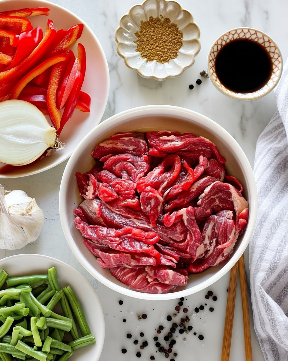 The image shows a white bowl in the center filled with thin slices of raw red meat with white marbling, arranged loosely inside. Around it, there are several other white bowls containing different ingredients: one with chopped red bell peppers and a halved white onion, another with fresh green beans cut into pieces, a small bowl with a light brown powder, a bowl with black soy sauce, and a bowl with golden liquid, possibly oil. There is also a whole garlic bulb and a single garlic clove placed on the white marbled surface, along with scattered black peppercorns near a small fluted dish holding crushed black pepper and coarse salt. A pair of chopsticks rest on the edge of the bowl with the peppers. The background is a white marbled texture and a light striped cloth is on the side. Photo taken with an iphone --ar 4:5 --v 7