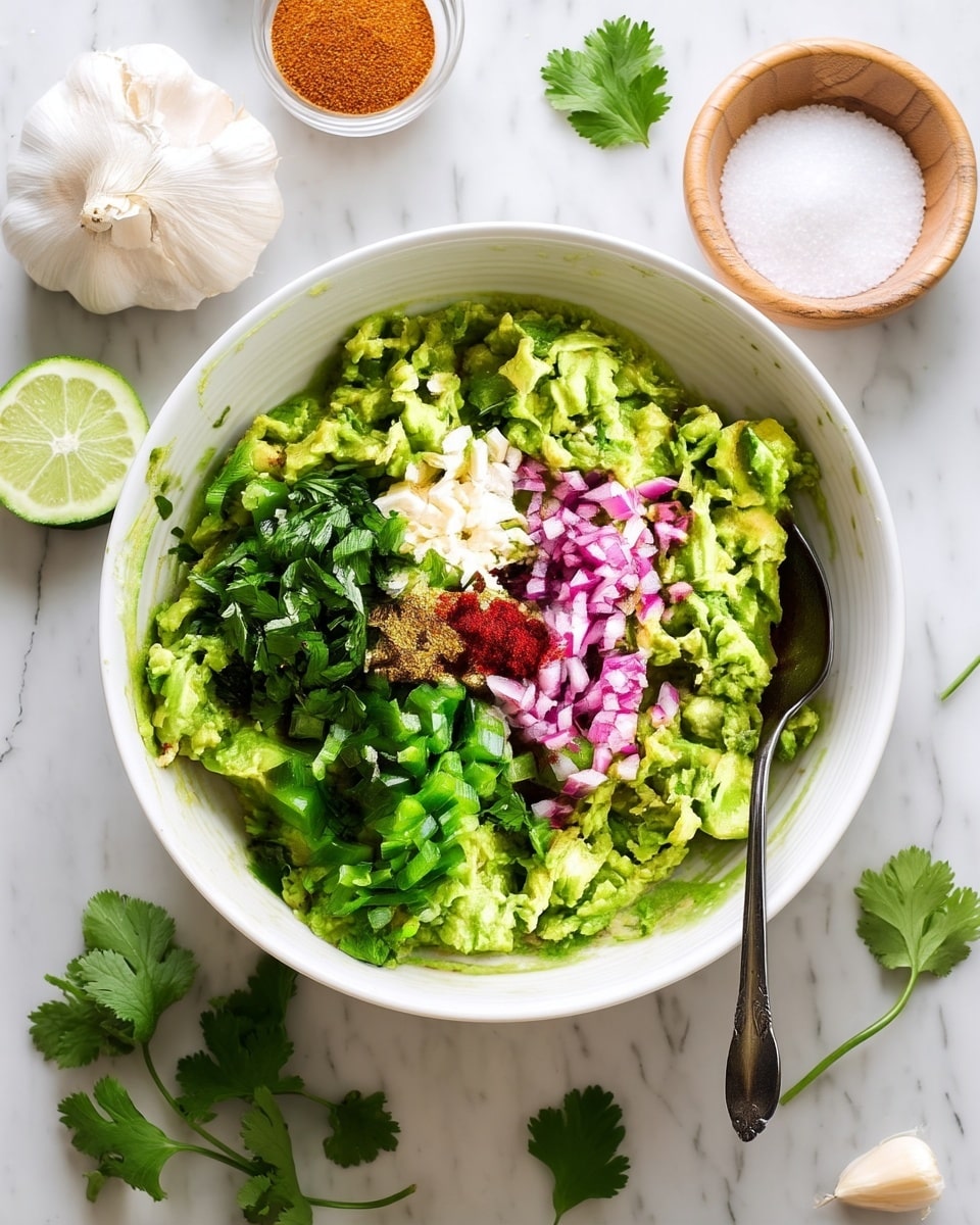 A white bowl is filled with chunky mashed avocado forming the base layer. On top, there are neat piles of finely chopped cilantro, white minced garlic, pink diced red onion, and bright green chopped jalapeños arranged close but not mixed. In the center, there are small amounts of brown cumin powder and red chili powder. A silver spoon rests on the right side inside the bowl. Around the bowl, there are lime halves, a garlic bulb, scattered cilantro leaves on a white marbled surface, and a small wooden bowl filled with coarse salt. Photo taken with an iphone --ar 4:5 --v 7
