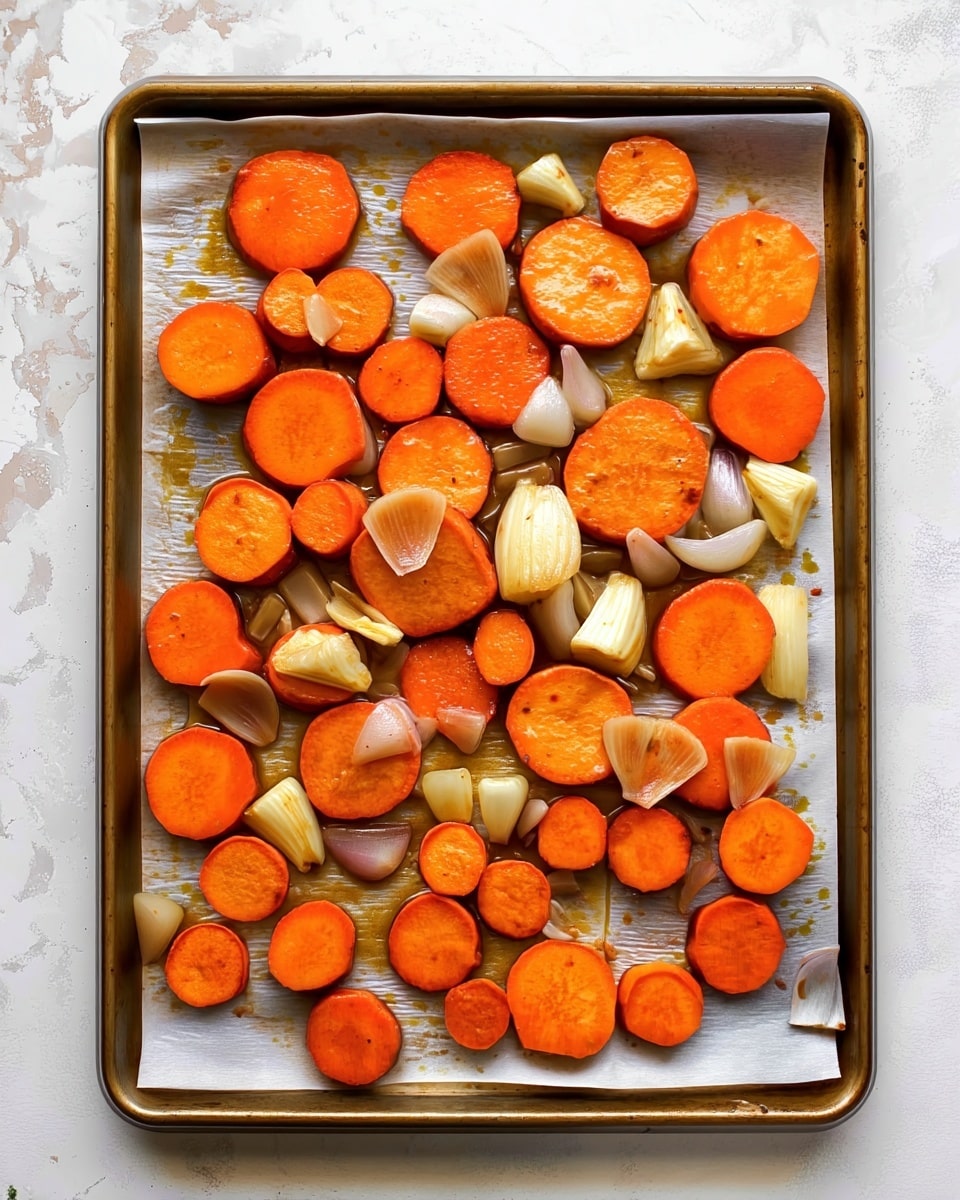 A baking tray lined with white parchment paper holds two layers of sliced vegetables. The first layer is made of orange sweet potato rounds, evenly spread and varying in size from small to large, with a smooth but slightly textured surface. The second layer includes peeled garlic cloves and chunks of shallots scattered among the sweet potatoes, showing a pale yellow to light tan color and a slightly shiny texture from oil. The tray sits on a white marbled surface. Photo taken with an iphone --ar 4:5 --v 7