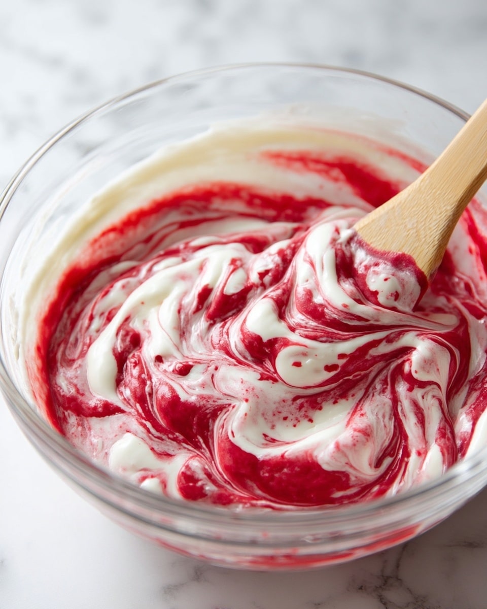 A close-up view inside a clear bowl showing a swirl of white and bright red thick creamy mixture, with the colors blending and twisting together in smooth, soft waves. A wooden spatula is partially visible in the bowl, coated with the creamy mixture as it stirs, creating a marble-like effect. The background is a white marbled texture. Photo taken with an iphone --ar 4:5 --v 7