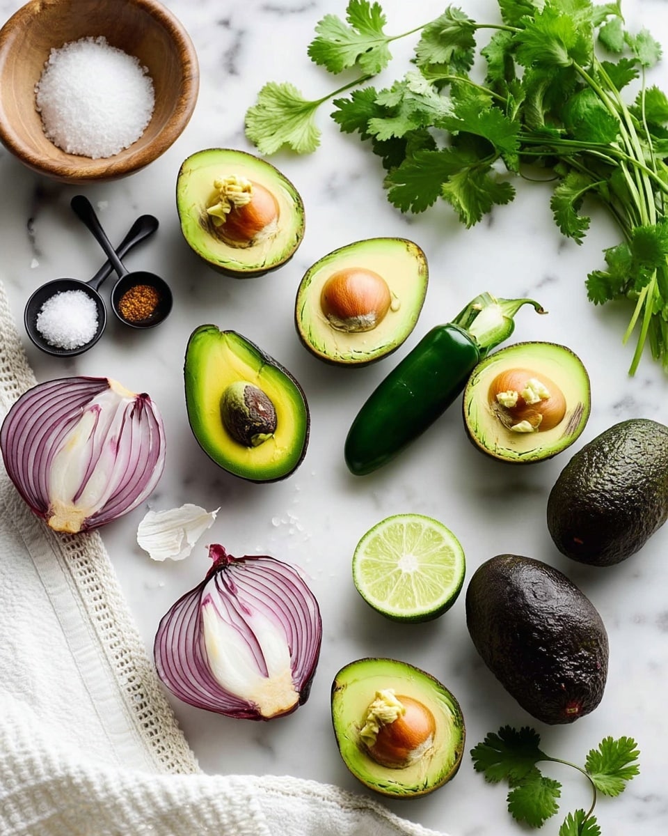 The image shows fresh ingredients scattered on a white marbled surface. There are six avocado halves, with their bright green flesh and brown seeds visible in some, and whole dark green avocados with rough skin. A small dark green jalapeno pepper lies near the center, alongside a halved lime showing its light green inside. Several sprigs of fresh cilantro with green leaves are scattered around. There is one half of a purple onion with white layers inside near the bottom left. Cloves and a whole bulb of garlic with papery white skin also appear near the bottom left. Two small black spoons hold spices, and a wooden bowl contains coarse salt. A white textured cloth is partially visible in the bottom left corner. Photo taken with an iphone --ar 4:5 --v 7