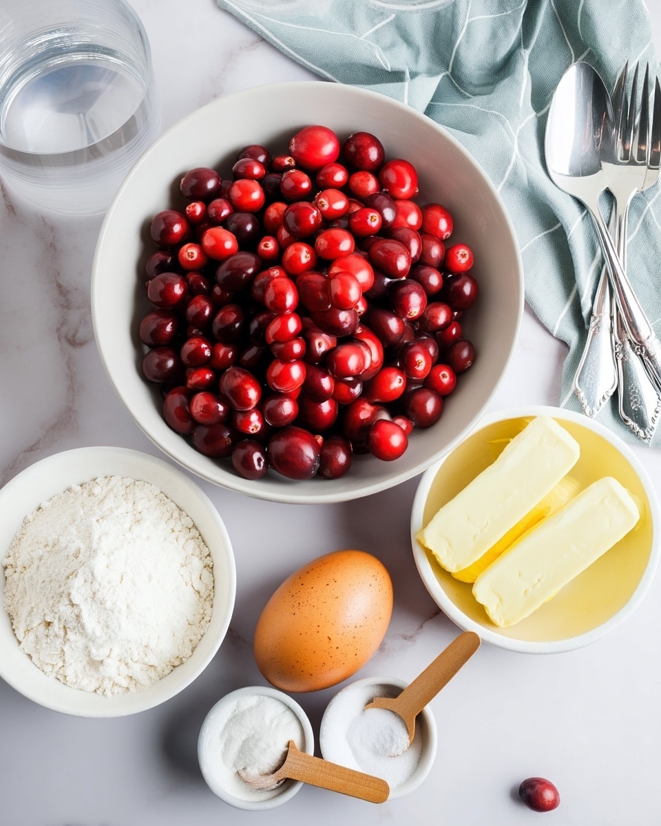 A top-down view of baking ingredients arranged on a white marbled surface, featuring a large white bowl filled with white flour, a smaller white bowl of white granulated sugar beside it, and a clear glass bowl stacked with bright red cranberries just below the flour. To the left, a white bowl holds two sticks of pale yellow butter, and below it rests a single brown egg. At the bottom right, two small white bowls contain white powder ingredients with small wooden spoons, one holding baking soda and the other salt. A light blue and white striped cloth is partially visible at the top right corner, near three silver utensils. Photo taken with an iphone --ar 4:5 --v 7