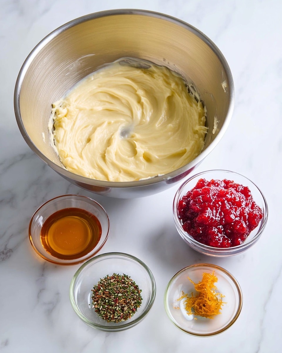 A large silver mixing bowl contains a smooth, creamy pale yellow mixture swirled inside, placed on a white marbled surface. Around the bowl are four small clear glass bowls, each holding different ingredients: a bright red chunky sauce or jam with a glossy texture, a golden amber liquid, bright orange zest, and a mix of finely chopped green and brown dried herbs. The scene is bright with soft natural light, showing a clean and fresh food preparation setting. photo taken with an iphone --ar 4:5 --v 7