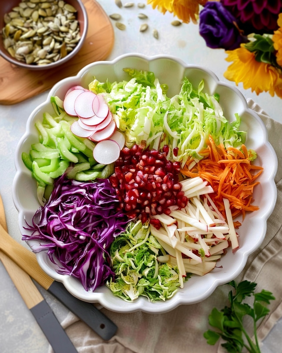 A large white scalloped bowl holds a colorful salad with eight layers arranged in a circle: bright green thinly shredded lettuce at the top, followed by orange shredded carrots to the right; thinly sliced white and red-skinned apple strips below the carrots; finely shredded light green Brussels sprouts at the bottom right; deep purple shredded cabbage at the bottom left; light green celery slices to the left; thin slices of white and red radishes above the celery; and a mound of shiny red pomegranate seeds in the center. The bowl sits on a white marbled surface with two wooden-handled knives just below and a small white bowl of green pumpkin seeds on a wooden tray in the upper left. Bright yellow and purple flowers appear in the top right corner; a woman's hand is not visible. photo taken with an iphone --ar 4:5 --v 7