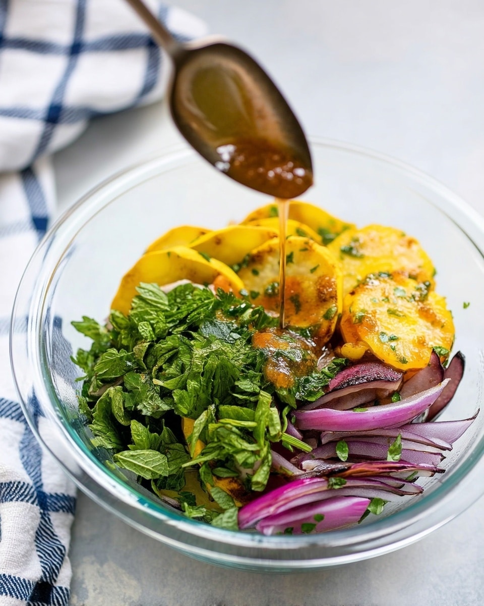 A clear glass bowl holds a colorful salad with three main layers: at the bottom are slices of yellow squash and charred purple onion pieces, followed by a thick layer of chopped green herbs like mint and parsley. A spoon above the bowl drizzles light brown dressing over the salad. The bowl rests on a white marbled surface with a white and blue checkered cloth to the left. Photo taken with an iphone --ar 4:5 --v 7