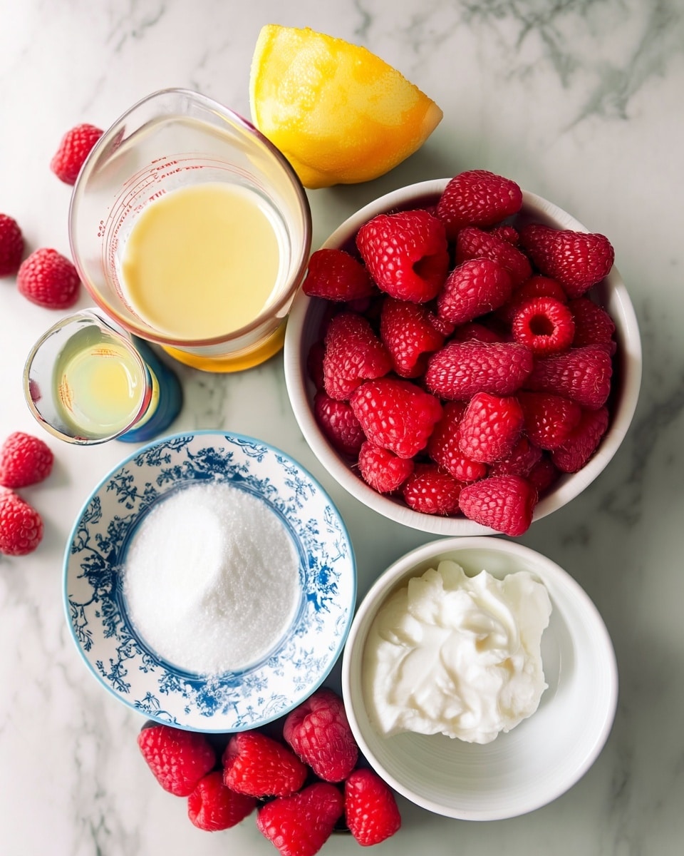 Top-down view of fresh ingredients arranged neatly on a surface with white marbled texture. A white bowl filled with bright red raspberries is placed towards the right center. To the bottom right, a white bowl contains a soft white creamy substance. Towards the left side, a small white plate with a blue floral pattern holds a pile of fine white granulated sugar. Above the sugar plate is a small glass container with light yellow liquid. Next to it is a clear measuring cup with what looks like cream. At the top center, a halved lemon with bright yellow skin is placed. Some raspberries are scattered casually around the base. Photo taken with an iphone --ar 4:5 --v 7