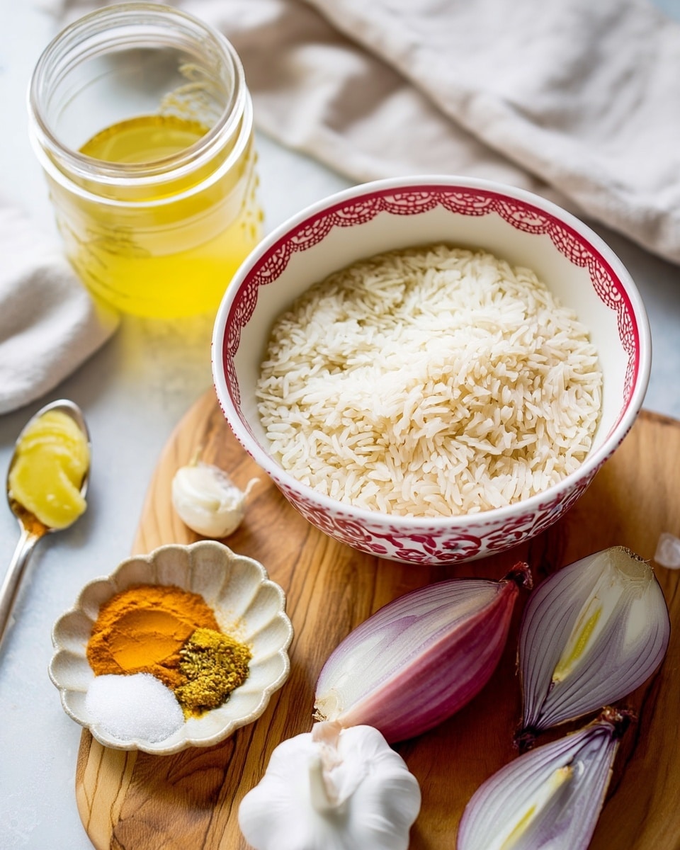 A white bowl with red patterns on the edge is filled with uncooked white rice at the center right of the image. Near the bowl, on a wooden board, there is a white garlic bulb with some loose cloves and two halves of a purple onion with white and purple layers inside. Above the bowl, there is a clear glass jar filled with a yellow liquid. Below the jar, a small white dish with scalloped edges holds three spices: bright orange, yellowish-green, and white. At the bottom left, a silver spoon holds a yellow paste. The background is a white marbled surface, and a beige cloth is partially visible near the jar. photo taken with an iphone --ar 4:5 --v 7