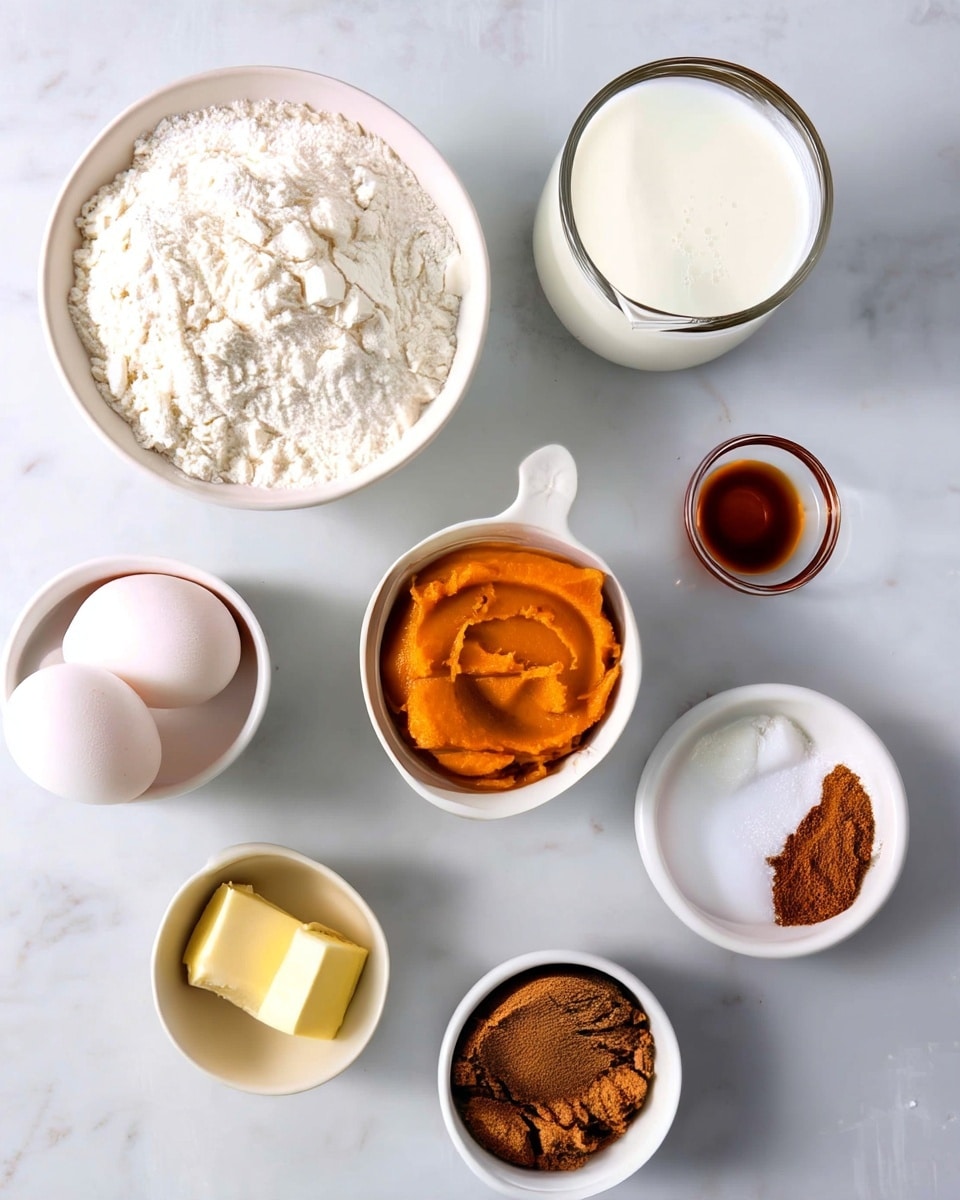 The image shows eight small white bowls and one clear glass arranged on a white marbled surface. The top left bowl is filled with white flour, slightly piled with small clumps. To the right, there is a clear glass filled almost to the top with white milk. Below the flour bowl is a white bowl with two whole white eggs. To the right of the eggs, a white bowl is filled with smooth orange pumpkin puree. Next to it is a small white bowl with a split portion of white salt and brown ground cinnamon side by side. Below the eggs is a white bowl with a small block of pale yellow butter. To its right, a white bowl is filled with dark brown packed brown sugar. A small clear glass holds a small amount of dark amber vanilla extract, positioned between the milk and spices. All items sit neatly spaced on the white marbled surface. Photo taken with an iphone --ar 4:5 --v 7