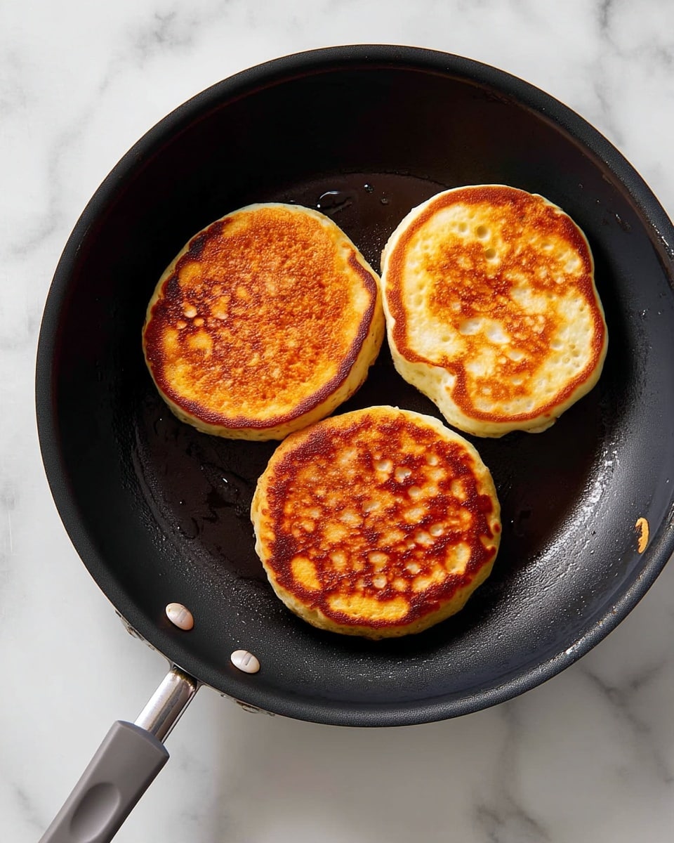 A black frying pan with a gray handle sits on a white marbled surface, holding three thick, round pancakes with golden brown tops and slightly darker crispy edges. The pancakes have a textured surface with small holes and uneven coloring, showing a warm, cooked look. The pan’s interior shows some light oil residues and slight wear marks, adding to the cooking effect. photo taken with an iphone --ar 4:5 --v 7