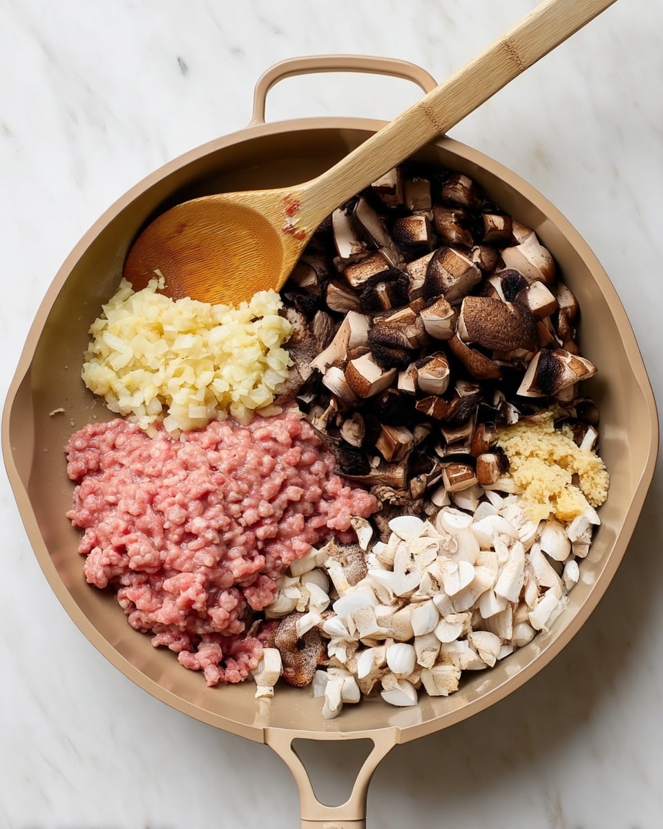 A beige pan filled with four different layers of ingredients, separated into sections. The top right section has dark brown chopped mushrooms with a rough texture. Below that, the bottom right section contains light beige small chopped mushrooms with a smooth texture. The bottom left section shows cooked ground meat with a pinkish-brown color mixed with small pieces of chopped white onions. The top left section holds creamy yellow minced garlic. A wooden spoon with a smooth surface rests across the pan from top left to center, partially covering the ingredients. The pan is placed on a white marbled surface photo taken with an iphone --ar 4:5 --v 7