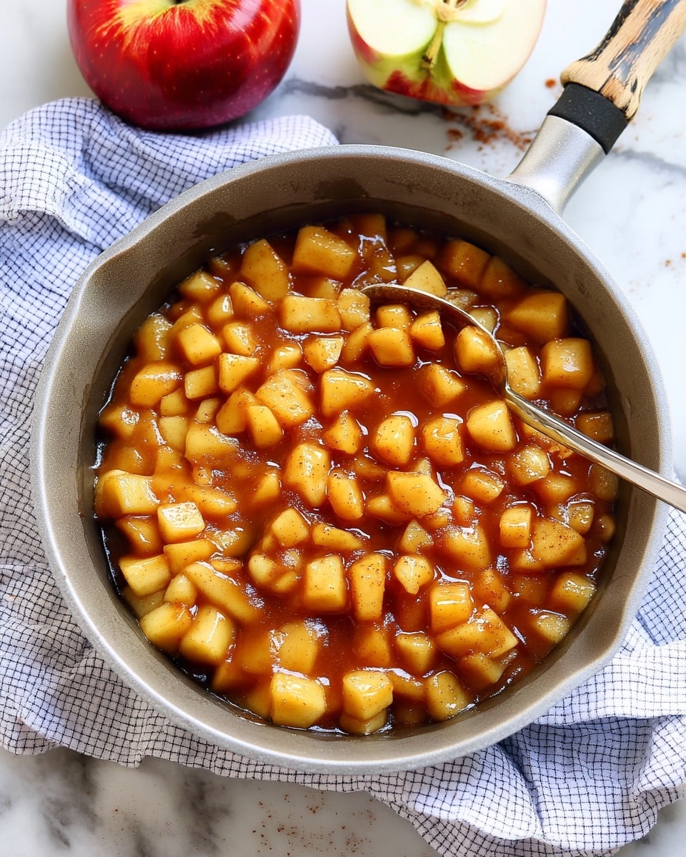 A close-up view of a light gray pan filled with small, evenly diced apple pieces cooked in a thick caramel-colored sauce with visible cinnamon specks. The pan is placed on a white marbled surface with a white and navy checkered cloth partly underneath it. To the upper left, there is a whole red apple and a half apple showing the white interior and seeds. A silver spoon rests inside the pan, partly submerged in the sauce. The pan handle is wooden with signs of wear and black markings. Photo taken with an iphone --ar 4:5 --v 7