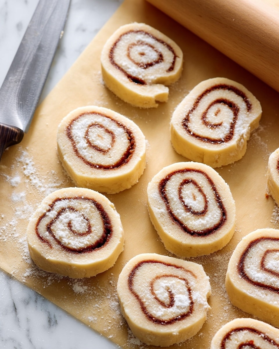 The image shows a close-up of cinnamon roll dough slices arranged on a beige parchment paper. There are eight spiral-shaped dough pieces with a light tan outer layer and a darker brown swirl in the center. A rolling pin is placed at the top right corner, resting on the dough, and a large knife lies flat on the left side, partially visible. The dough appears soft with a smooth surface and a delicate dusting of flour. The background is a white marbled texture. Photo taken with an iphone --ar 4:5 --v 7