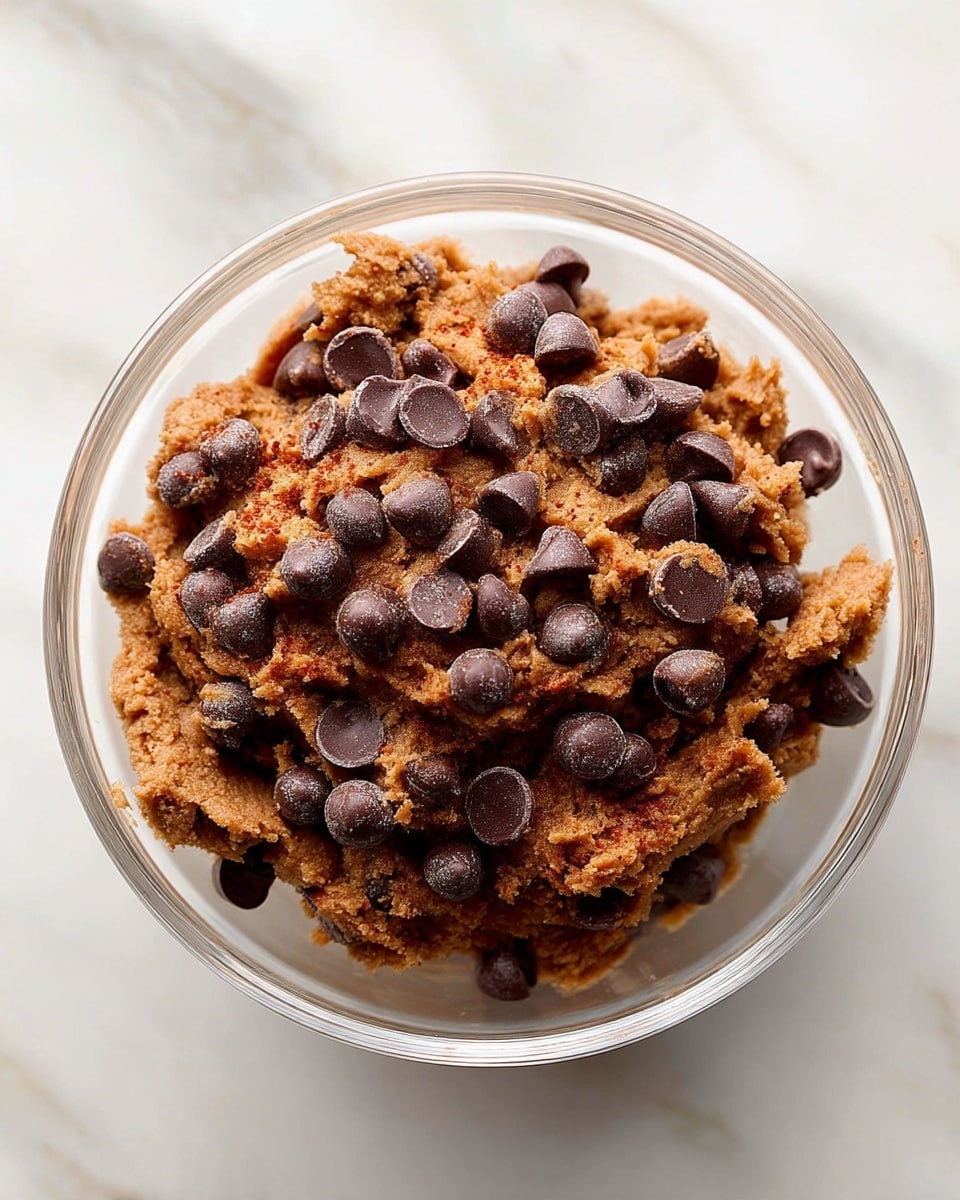 A clear glass bowl filled with brown cookie dough mixed with many dark brown chocolate chips on top. The dough has a rough texture and some red tint from spices or ingredients. The bowl is placed on a white marbled surface. photo taken with an iphone --ar 4:5 --v 7