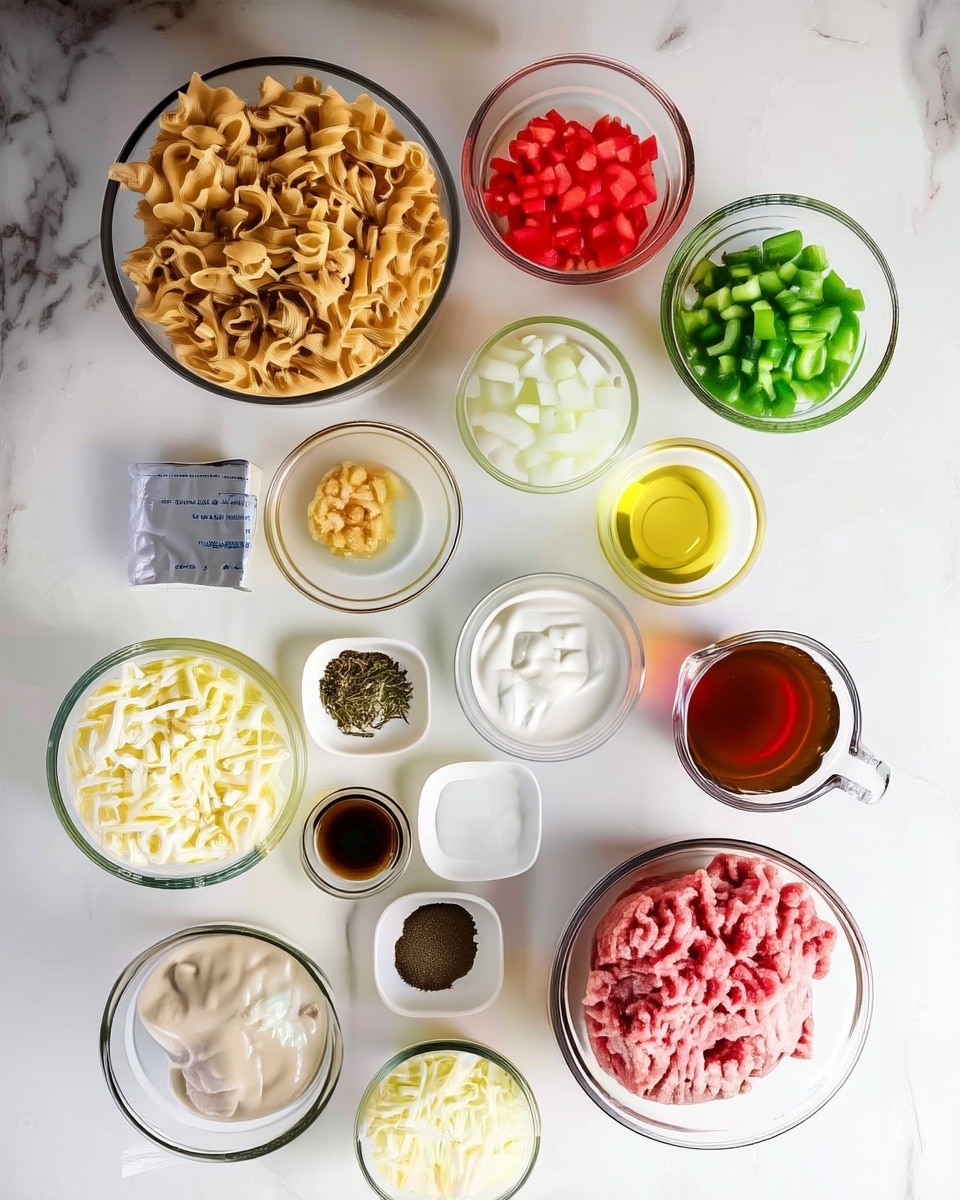 The image shows a white marbled surface with several clear glass bowls arranged neatly in rows. In the top row, there is one large bowl filled with uncooked beige pasta noodles, a medium bowl with small red diced tomatoes, and another medium bowl with small green diced bell peppers. The next row features a small bowl of minced garlic, a small bowl of chopped white onions, and a small bowl of light yellow oil. Below these, there is a larger bowl with shredded white cheese, a tiny bowl of dried herbs, a medium bowl of smooth white yogurt, and a small glass pitcher containing a dark amber liquid. In the bottom row, there is a small bowl with a white creamy mixture, a small bowl with a dark brown liquid, a small white dish with salt, a small dish with black pepper, a medium bowl of ground meat in a light pink color, and a small bowl of grated light yellow cheese. In the side, there is also a silver packet placed flat on the white marbled surface. photo taken with an iphone --ar 4:5 --v 7
