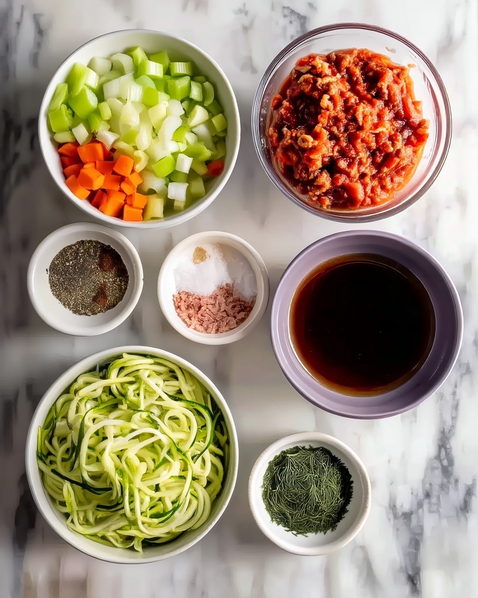 The image shows six white bowls arranged on a white marbled surface. The top left bowl holds three layers of chopped vegetables: bright orange carrot pieces, pale green celery slices, and white onion chunks mixed together. On the top right is a clear bowl filled with a textured red meat sauce, showing small meat and tomato pieces. In the middle left is a small white bowl with finely ground black pepper and red spices. Next to it on the right is another small white bowl containing coarse white salt, pink salt, and a small amount of beige spice. Below, a slightly larger white bowl holds long, thin pale green zucchini noodles with some darker green skin visible. To the right of these noodles is a lilac bowl filled with a dark brown liquid. Lastly, at the bottom right corner is a small white bowl with dry, green herb leaves scattered inside. Photo taken with an iphone --ar 4:5 --v 7