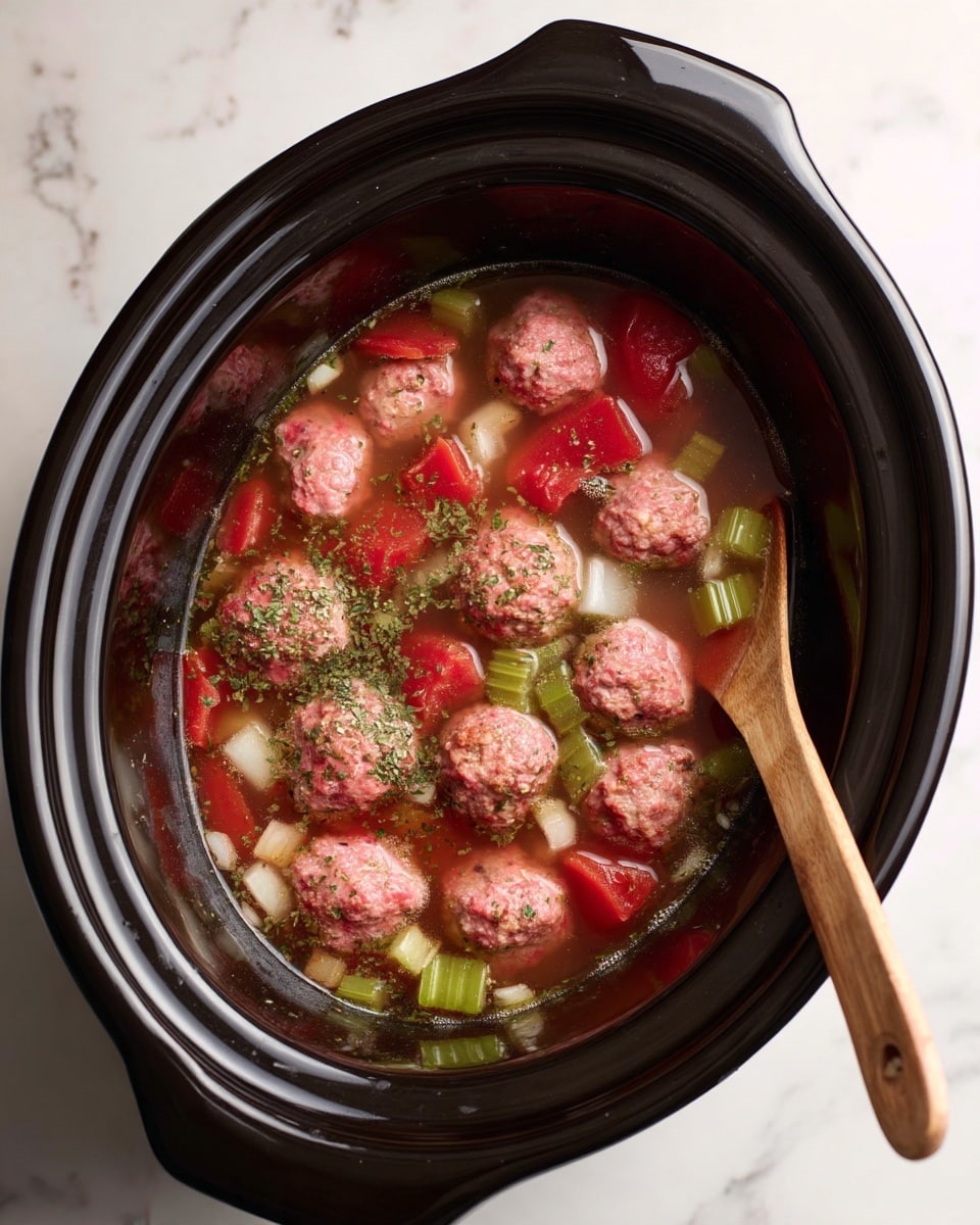 Inside a black slow cooker, there is a clear broth filled with several round pink meatballs, bright red tomato pieces, small diced white onions, and sliced pale green celery pieces evenly spread throughout. The surface is lightly covered with green dried herbs, giving a speckled appearance. A wooden spoon is resting on the right side, partially submerged in the soup. The slow cooker sits on a white marbled surface. photo taken with an iphone --ar 4:5 --v 7