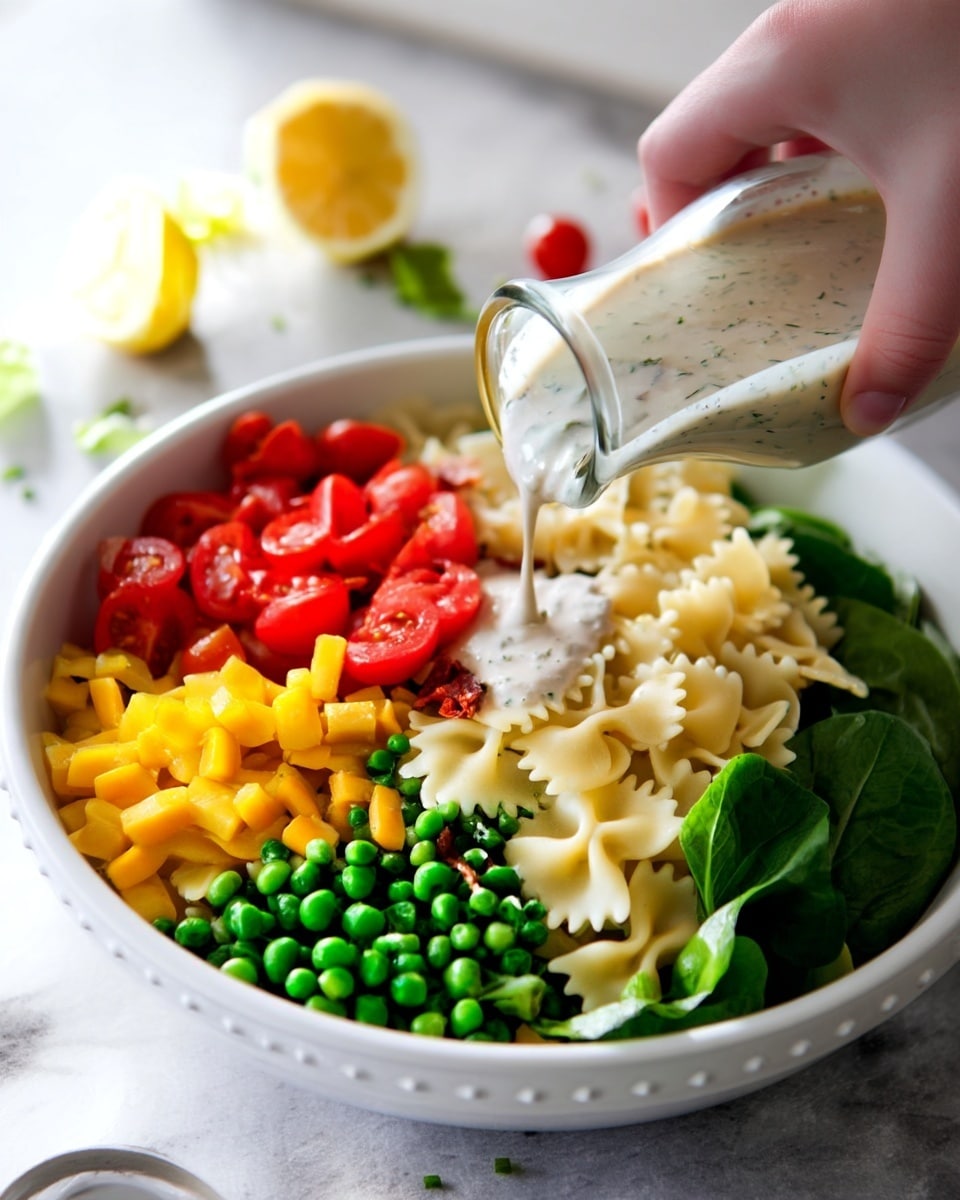 The image shows a white bowl on a white marbled surface filled with a colorful layered salad. The bottom layer consists of green leafy spinach leaves and some shredded brown pieces, possibly sun-dried tomatoes. On top of the spinach, there's a portion of bright green peas on one side, yellow diced bell peppers at the front, and a small pile of chopped red tomatoes on the other side next to cooked bowtie pasta, which has a pale yellow color. A woman's hand is pouring creamy white dressing with herbs onto the salad from a clear glass jar. In the background, there are blurred halves of a lemon and some red cherry tomatoes on the white marbled surface. photo taken with an iphone --ar 4:5 --v 7