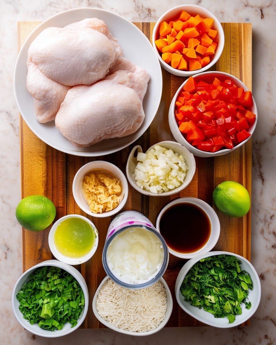 The image shows a top view of various ingredients arranged on a wooden surface. At the top, a white plate holds two large raw chicken pieces with a smooth texture. Surrounding it are white bowls filled with diced red bell peppers, chopped orange carrots, and finely chopped white onions placed in the center. Smaller bowls hold minced garlic and finely grated ginger alongside two small dishes containing bright yellow turmeric powder and reddish paprika powder. Below these spices are a bowl of light green lime juice and a small bowl with dark brown liquid, possibly soy sauce. At the bottom center is a partially opened container of thick white coconut cream, flanked by white bowls of chopped green onions on the left, white uncooked rice in the middle, and chopped green cilantro on the right. Two whole limes sit on the wooden surface on the right and left sides. The background is changed to a white marbled texture. Photo taken with an iphone --ar 4:5 --v 7