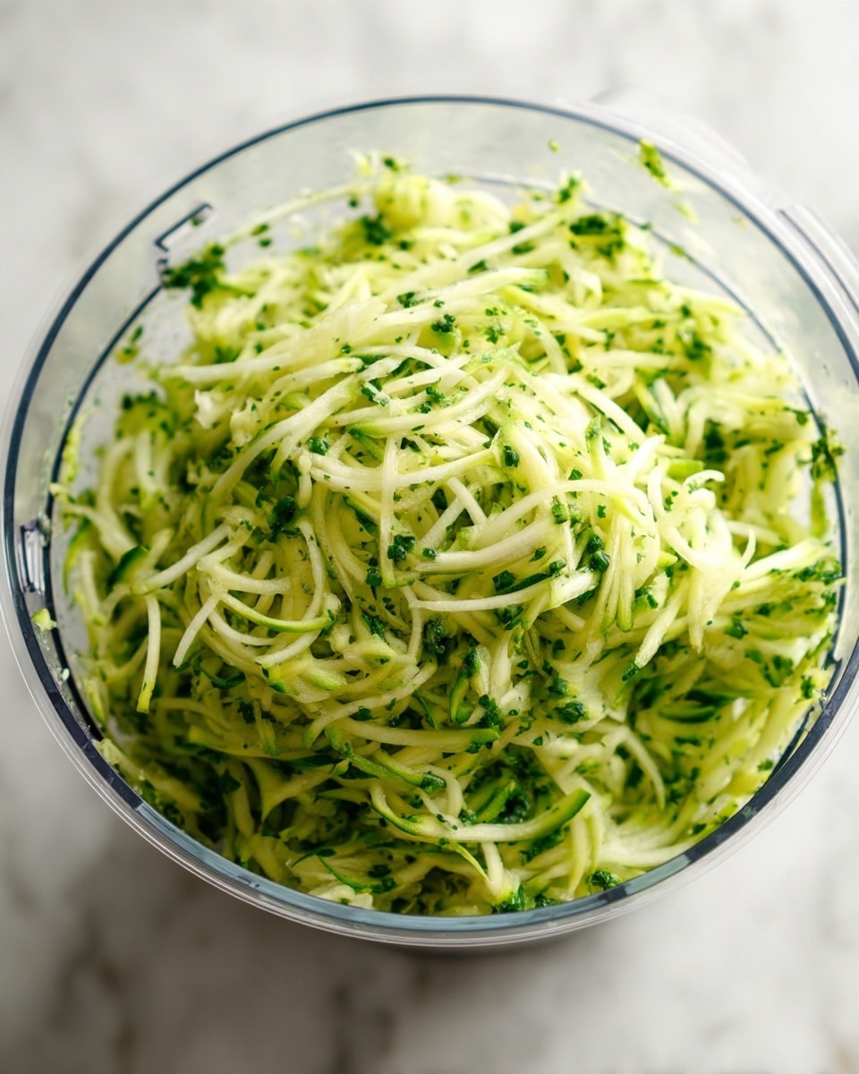A clear food processor bowl filled with light green spiral-shaped zucchini pieces mixed with small dark green bits of herbs, all finely shredded and tangled inside. The clear bowl is placed on a white marbled surface with natural soft light coming from the top left side. The texture looks fresh and moist but not wet, with thin and curly strands making a layered pile inside the bowl, showing green and pale green colors evenly spread. Photo taken with an iphone --ar 4:5 --v 7