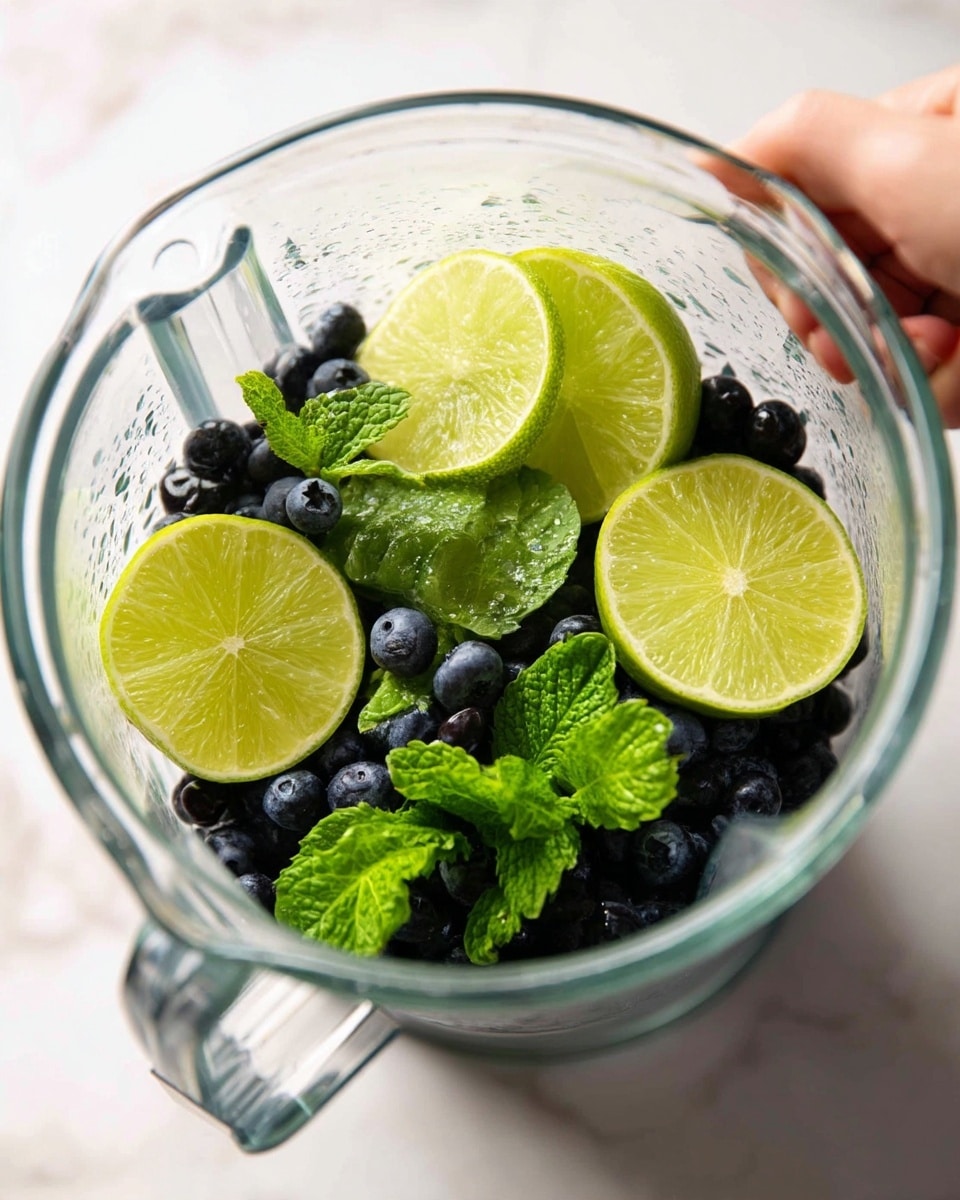 Inside a clear glass blender jug on a white marbled surface, there are several layers. At the bottom is a layer of dark blue blueberries, above them slices of bright green lime wedges are placed around the jug's edges, and fresh green mint leaves rest on top near the limes. A woman's hand is holding a black immersion blender inside the jug. The scene is bright and clear. photo taken with an iphone --ar 4:5 --v 7