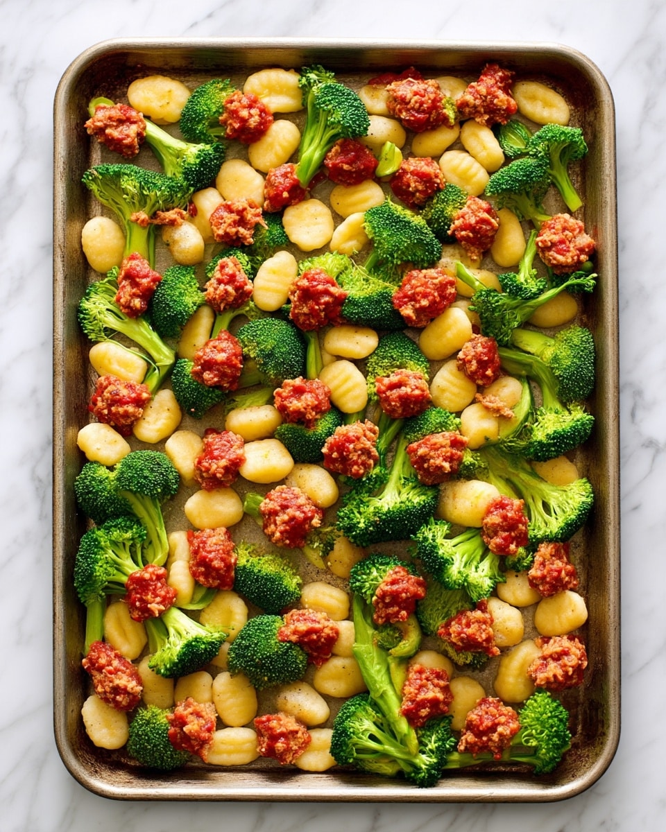 A large baking tray filled with one layer of light yellow gnocchi, bright green broccoli florets, and small scoops of red meat mixture evenly spread across the surface. The broccoli pieces have a fresh, slightly bumpy texture, and the meat scoops show a rough, slightly chunky texture on top of the vegetables and gnocchi. The tray rests on a white marbled surface. Photo taken with an iphone --ar 4:5 --v 7