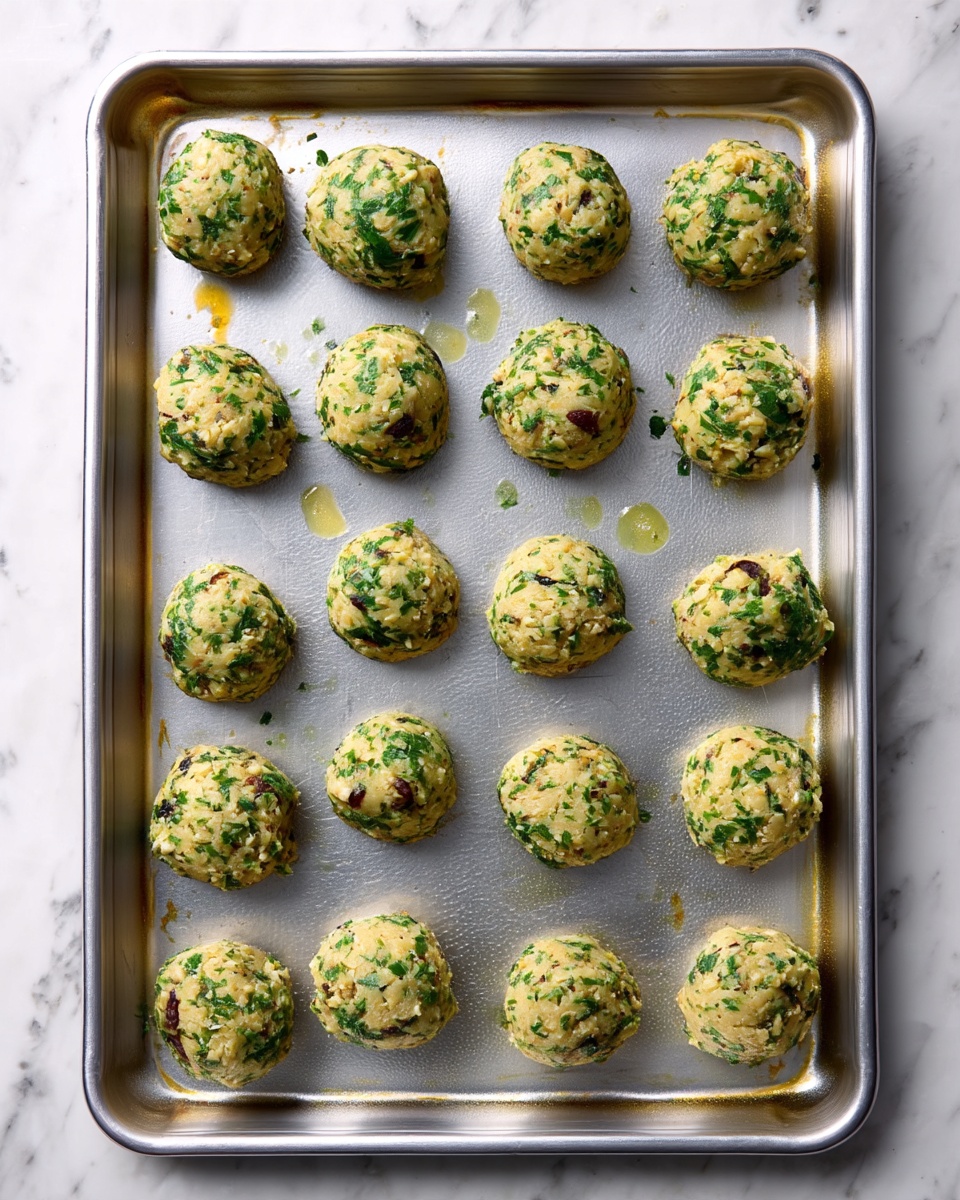 The image shows a metal baking tray on a white marbled surface, holding 19 round, greenish-gray dough balls spaced evenly. The dough balls have small bits of green herbs and darker pieces visible throughout, giving them a textured and slightly rough appearance. The tray has some small oil spots near a few dough pieces, and the metal surface shows subtle scratches and a bit of discoloration from use. No other objects or colors are in the scene. photo taken with an iphone --ar 4:5 --v 7