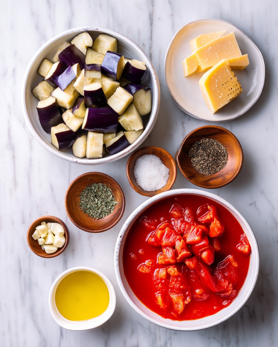 The image shows a flat lay of ingredients neatly arranged on a white marbled surface. There is one large white bowl filled with small cubes of white and dark purple eggplant in the bottom left. Next to it on the right, a white bowl holds chunky bright red tomatoes in sauce. Above the bowls are three small wooden bowls: one with white salt, one with black ground pepper, and one with chopped green herbs. Below the wooden bowls, a small white cup contains golden olive oil. To the right of the olive oil, a white plate holds two pieces of hard yellow cheese. A small white bowl with chopped garlic sits at the top near the center. The wooden textured surface beneath is replaced with white marble. Photo taken with an iphone --ar 4:5 --v 7