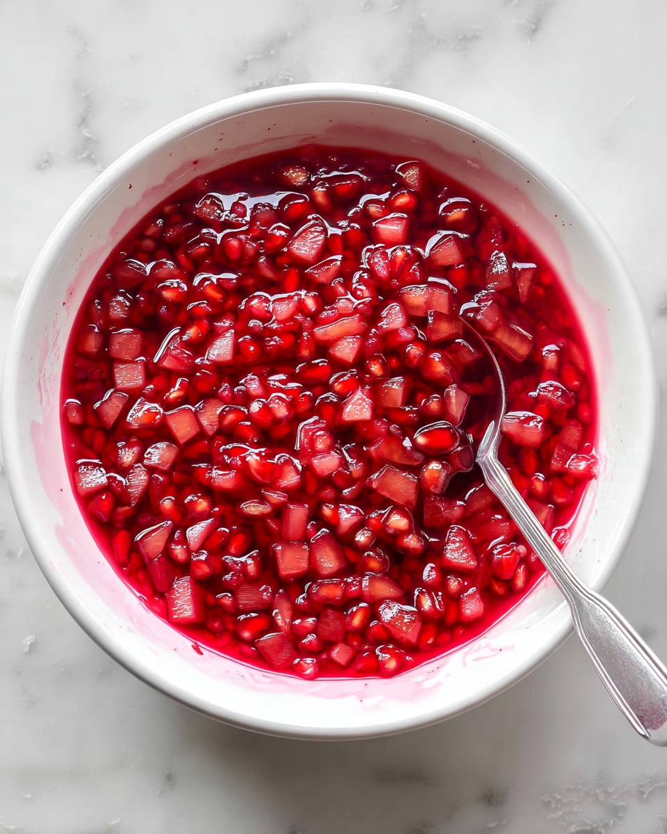 A white bowl filled with small diced red fruit pieces soaked in bright red juice, creating a wet and shiny texture. A silver spoon rests inside the bowl on the right side, partially submerged in the fruit mixture. The bowl sits on a white marbled surface, enhancing the vibrant red color of the fruit. The fruit pieces vary in shape but are uniformly small, giving a textured and fresh look. photo taken with an iphone --ar 4:5 --v 7