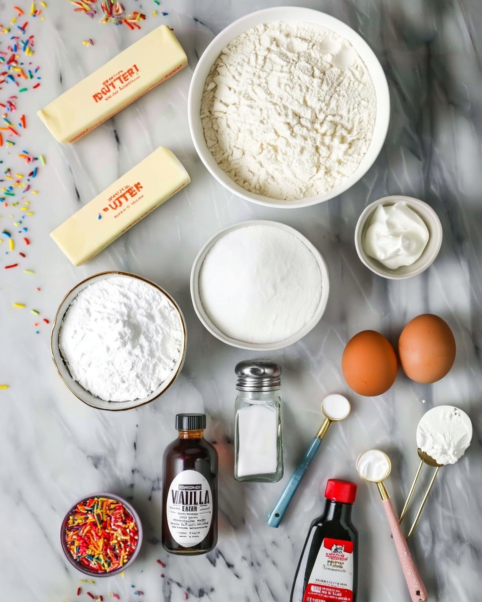 A flat lay of baking ingredients on a white marbled surface, featuring a white bowl filled with flour at the top center, two sticks of unsalted butter with orange labels on the upper left, a smaller white bowl with a white powder, a round white bowl filled with granulated sugar below the flour, and a small round bowl of white creamy substance to the right of the sugar. Two brown eggs are placed near the bottom right, close to three measuring spoons with white powders, a small glass salt shaker, a brown bottle labeled