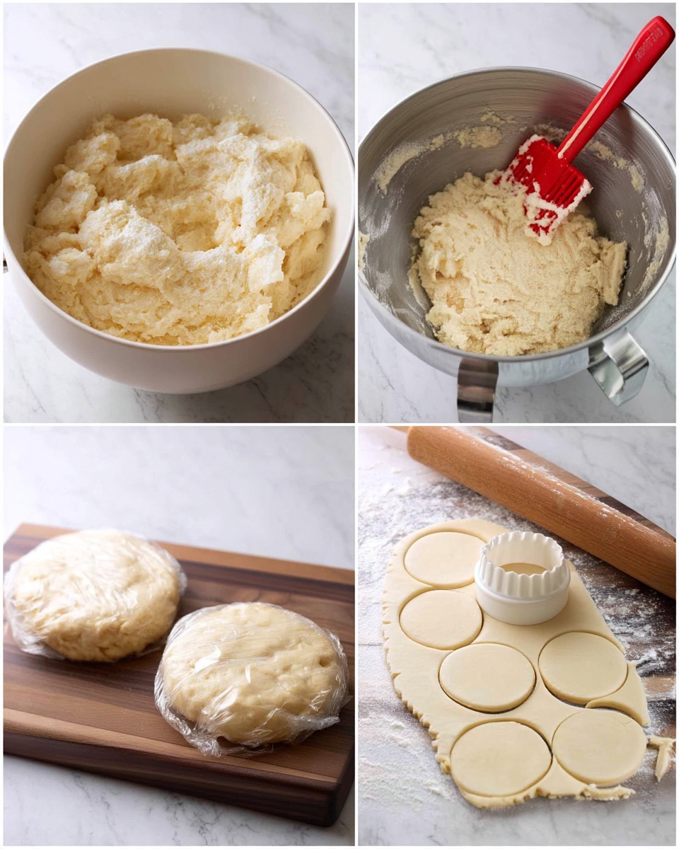 The image shows a sequence of four photos of dough being prepared on a white marbled surface. The top left photo has a mixing bowl with dough inside, partly mixed and slightly rough. The top right photo shows the dough in the same bowl, now smoother and more combined, with a red spatula resting inside. The bottom left photo has two pale dough rounds wrapped in plastic placed on a wooden board. The bottom right photo shows a woman's hand holding a round cutter pressing into a floured dough sheet, with several round shapes already cut out on the white marbled surface, alongside a rolling pin. photo taken with an iphone --ar 4:5 --v 7