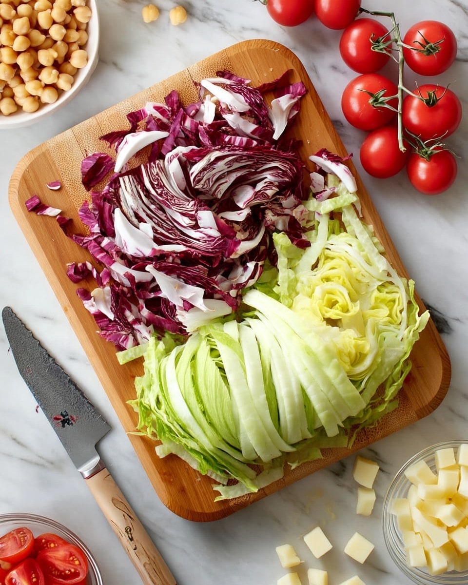 A wooden cutting board sits on a white marbled surface, holding two different types of sliced leafy vegetables. On the left side, there is a pile of thinly sliced reddish-purple radicchio with white veins, while on the right side, a thicker pile of pale green and white chopped cabbage shows a mix of light green outer leaves and white inner layers. Around the cutting board, there are small clusters of bright red cherry tomatoes still on the vine, a bowl of chickpeas on the left side, a glass bowl of cubed cheese on the bottom right, and a knife with a light wooden handle near the bottom left beside loose pieces of cabbage and tomato. The whole scene has a fresh, clean, and tidy look. photo taken with an iphone --ar 4:5 --v 7
