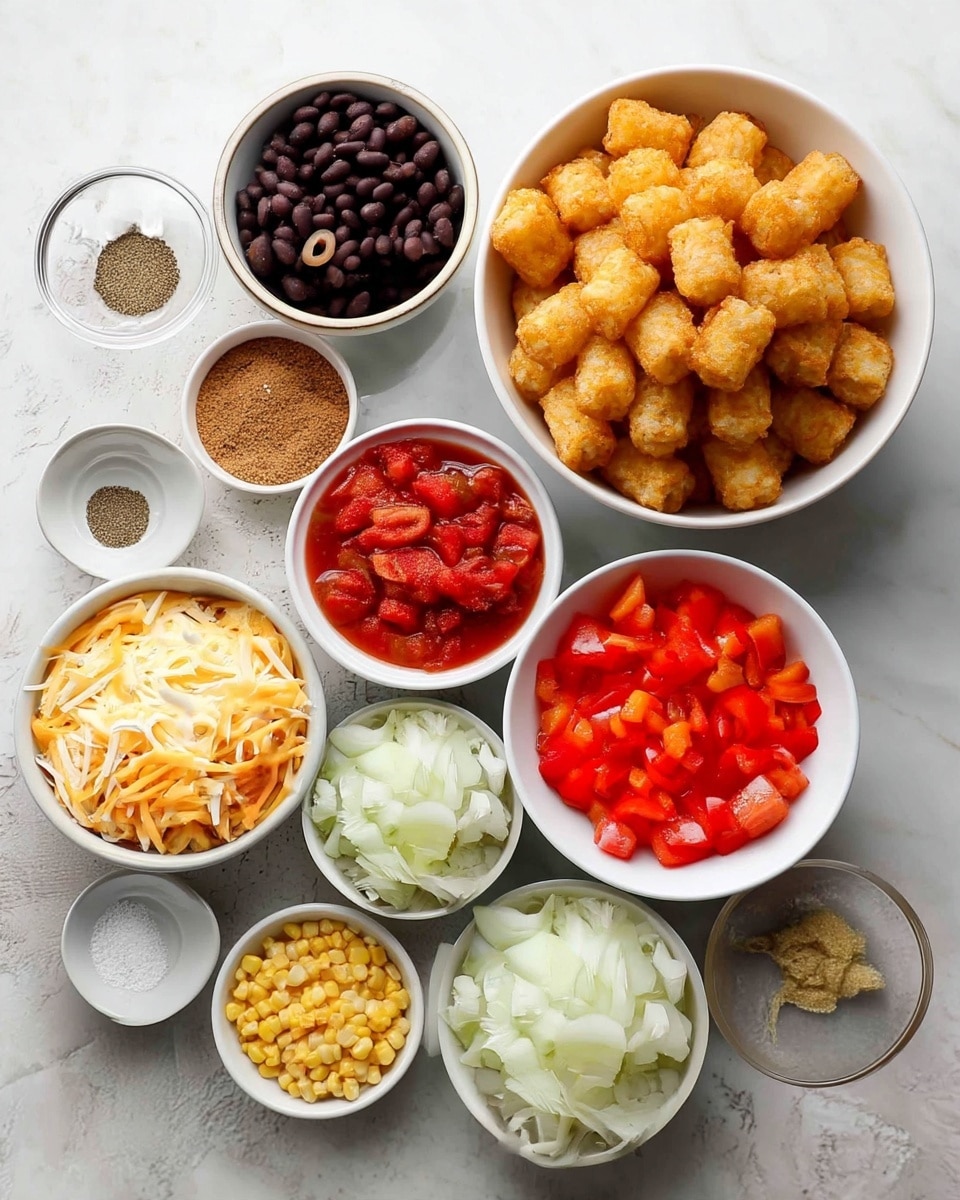 The image shows eleven white bowls arranged on a white marbled surface, each holding different cooking ingredients. In the center is a large bowl filled with golden brown tater tots. Above it is a bowl with raw ground meat, and to its right, a bowl filled with cooked black beans. Below the black beans is a bowl of red diced tomatoes in juice, while next to it is a bowl of shredded cheese in white and orange colors. Beneath the cheese is a bowl with chopped white onions, and next to the onions is a small glass bowl containing minced garlic. To the left of the tater tots is a bowl filled with bright yellow corn kernels; above that is a bowl with chopped red bell peppers. At the top left, there are two small bowls, one with sliced black olives and the other with ground black pepper. Finally, a bowl of light brown seasoning powder sits near the top right. The ingredients are well-lit with natural light. Photo taken with an iphone --ar 4:5 --v 7