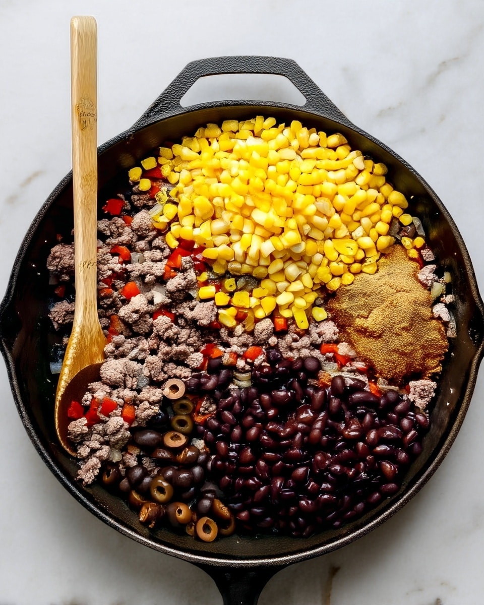A black cast iron skillet holds a mixture of layered ingredients arranged in sections. In the top right there is a heap of bright yellow corn kernels. Below the corn is a light brown powdery spice mix. To the bottom right, there is a pile of shiny black beans. Below the beans and slightly to the left are sliced black olives. To the left of the olives and black beans is cooked ground meat mixed with small pieces of red bell pepper and bits of onion. A wooden spoon is placed on the left side of the skillet with its handle resting on the white marbled surface. Photo taken with an iphone --ar 4:5 --v 7