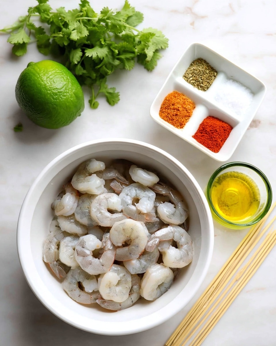 A white bowl filled with peeled, raw shrimp that are light grey and translucent, sits on a white marbled surface. To the top right of the bowl is a small white square dish with five sections of spices: white salt, green dried herbs, pale yellow powder, reddish-orange powder, and light yellow powder. A bunch of fresh green cilantro leaves is to the top left of the bowl. Near these is a whole bright green lime. To the right side, there is a small clear glass cup with golden yellow oil inside, and next to it are several light wooden skewers placed horizontally. Photo taken with an iphone --ar 4:5 --v 7