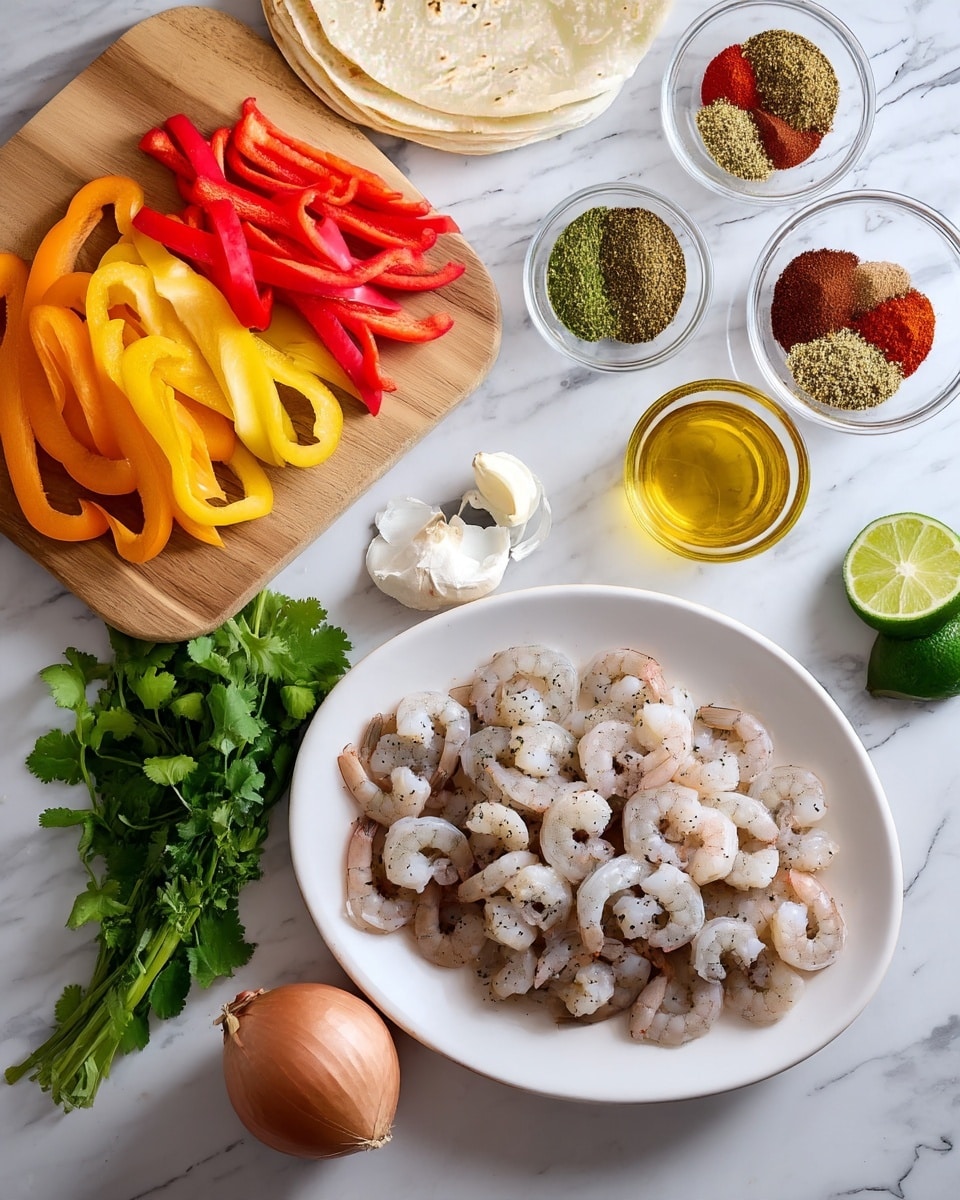 The image shows a white oval plate filled with raw shrimp seasoned with black pepper on the bottom right. To the left of the plate is a bunch of fresh green cilantro, a whole brown onion, and a small glass bowl of golden olive oil. Above the bowl of oil is a clear round bowl containing four different spices in separate sections: greenish herbs, dark red paprika, light brown cumin, and another red spice. On a wooden board at the top left are three piles of sliced bell peppers in orange, yellow, and red colors from left to right. Above the peppers, there is a stack of white tortillas. A few garlic cloves and a lime cut in half are on the white marbled surface near the cutting board. The scene is brightly lit and arranged neatly, photo taken with an iphone --ar 4:5 --v 7
