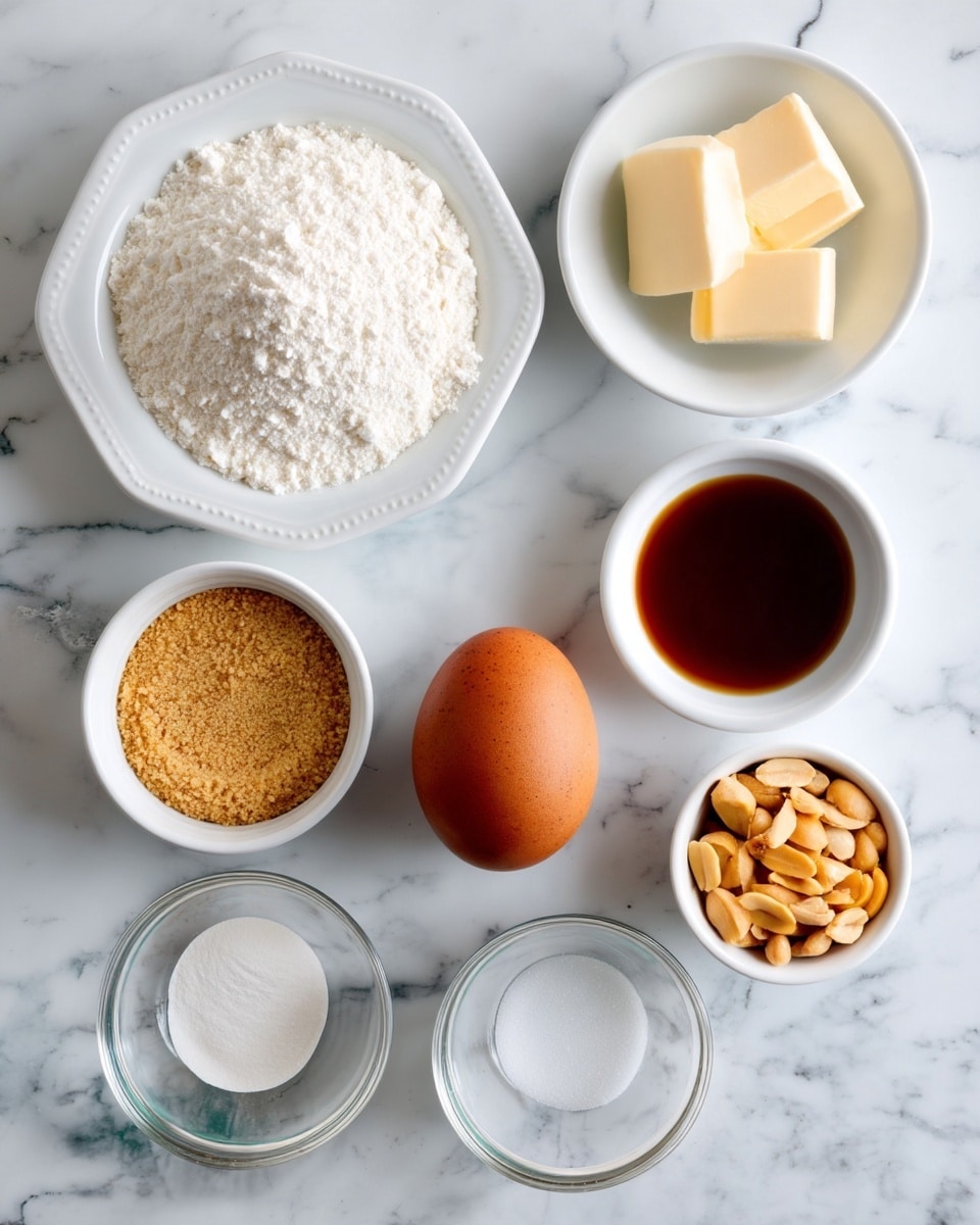 The image shows eight bowls and an egg arranged on a white marbled surface. At the top left is a white plate filled with white flour. To its right, a small white bowl holds three slices of pale yellow butter. Below, there is a brown egg placed directly on the surface. Next to the egg on the right, a small white bowl contains a dark brown liquid. Below the flour plate, another white bowl is filled with light brown sugar. To the right of that, a small white bowl holds a handful of light brown peanuts. Below the sugar bowl, there are two small clear glass bowls next to each other; one has white baking powder and the other contains white granulated sugar. The composition is bright and clean, balanced against the white marbled background photo taken with an iphone --ar 4:5 --v 7