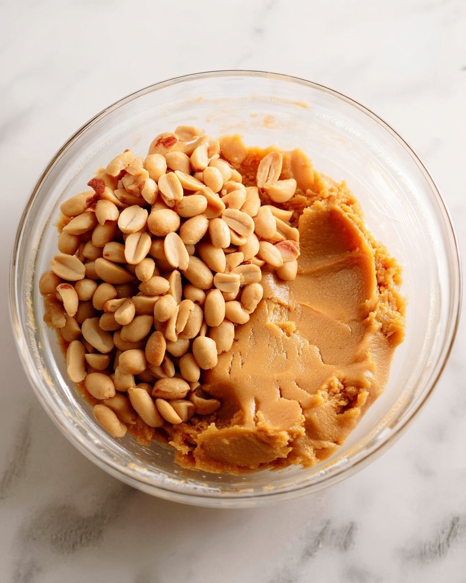 A clear glass bowl sits on a white marbled surface, filled with two main layers. The larger layer is smooth, light brown peanut butter with a creamy texture spread evenly across the bottom and sides of the bowl. On top of this, on one side of the bowl, sits a pile of pale tan, whole dry roasted peanuts with a firm texture. The contrast between the thick peanut butter and the dry peanuts is clear and textured, with the peanuts forming a loose cluster against the soft spread. Photo taken with an iphone --ar 4:5 --v 7