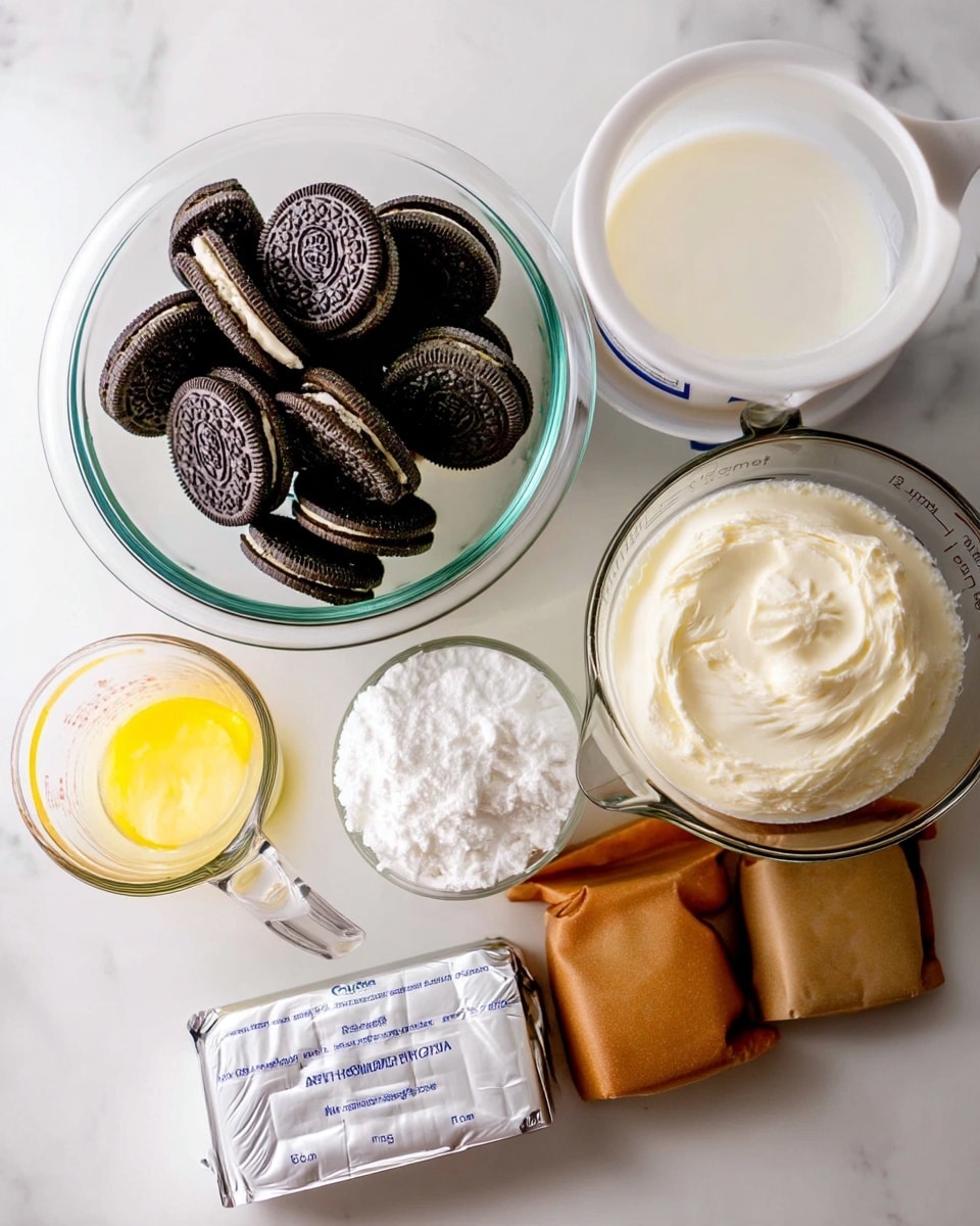 The image shows several ingredients arranged neatly on a white marbled surface. There is a clear glass bowl filled with chocolate sandwich cookies, dark brown with cream filling, positioned near the top left. To the right of the cookies is a large white container, likely sour cream, with a sealed white lid. Below the cookies, there is a clear measuring cup with melted yellow butter, smooth in texture. Next to it is a small clear bowl filled with white powdered sugar. On the right side, there is a large glass measuring cup filled with white milk. In the bottom left, a block of cream cheese wrapped in foil sits, and next to it, two brown paper packages lie flat, possibly wrapped butter. The ingredients are spaced evenly on the white marbled surface with soft natural light. Photo taken with an iphone --ar 4:5 --v 7