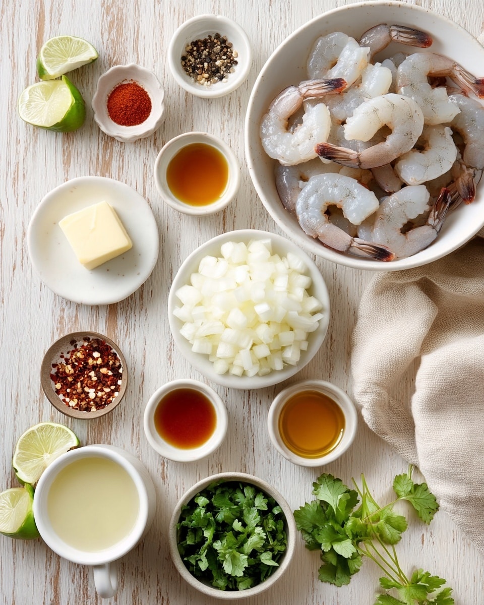 The image shows many ingredients arranged neatly on a light wooden surface. In the top right, there is a white bowl filled with raw shrimp, pale pink and translucent with dark tails. Around it are small white bowls holding various spices and seasonings: coarse salt, black pepper, bright red paprika, and a pale yellow powder. Near the center, a white bowl holds finely diced white onions, and nearby another white dish is filled with chopped garlic. A small white plate in the middle has a square of butter. Below, a white bowl contains fresh green cilantro leaves, next to small bowls of red chili flakes, liquid honey color, and a creamy white liquid. In the lower left corner, two lime halves rest beside a white cup filled with a light yellow liquid. A few sprigs of fresh cilantro lie on the bottom right corner on a white marbled textured surface, with a crumpled beige cloth near the right side. Photo taken with an iphone --ar 4:5 --v 7