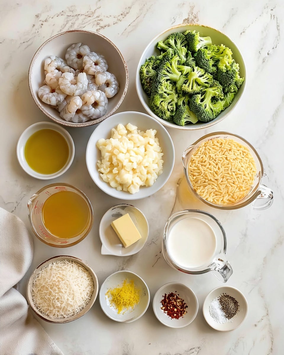 The image shows various ingredients placed neatly on a white marbled surface. There are ten small white bowls and two clear glass measuring cups arranged in a grid. Starting from the top left, a bowl contains raw, peeled shrimp with a light gray and translucent texture. To its right is a bowl filled with bright green broccoli florets. Below the shrimp is a bowl with finely chopped garlic, creamy white in color. Next to it, a bowl holds uncooked orzo pasta, pale yellow and small rice-shaped. Below the garlic, there is a small white bowl with golden olive oil, and beside it is a tiny bowl with a square of pale yellow butter. Below the orzo is a bowl with grated white cheese, fluffy in texture. The two clear glass cups contain light golden broth and white milk. In the last row there are three small bowls with yellow lemon zest, red chili flakes, and a mix of coarse white salt and black pepper, respectively. A beige cloth is partly visible at the bottom left corner. photo taken with an iphone --ar 4:5 --v 7