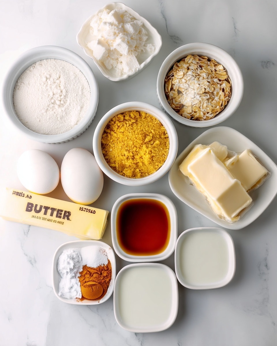 The image shows several white dishes and ingredients arranged neatly on a white marbled surface. There are five small round white bowls filled with different powders and flakes: one with white flour, one with yellow cornmeal, one with white sugar, one with oats, and one with a white powder, possibly baking powder. Two eggs are placed near a stick of salted butter with the label visible. There are three small square white bowls with liquids: one with clear vanilla extract, one with dark brown liquid, likely molasses, and one with white milk. A small white dish holds a mixture of white and brown spices. The arrangement is clean and simple, showcasing all the baking ingredients clearly. Photo taken with an iphone --ar 4:5 --v 7